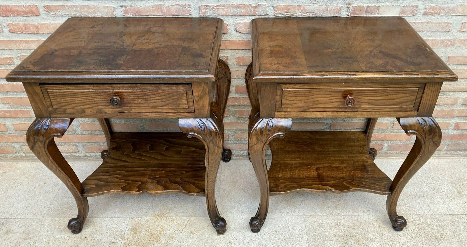 photo vinterior French Louis XV Style Walnut Bedside Tables With Drawer And Open Shelf, 1930s, Set Of 2