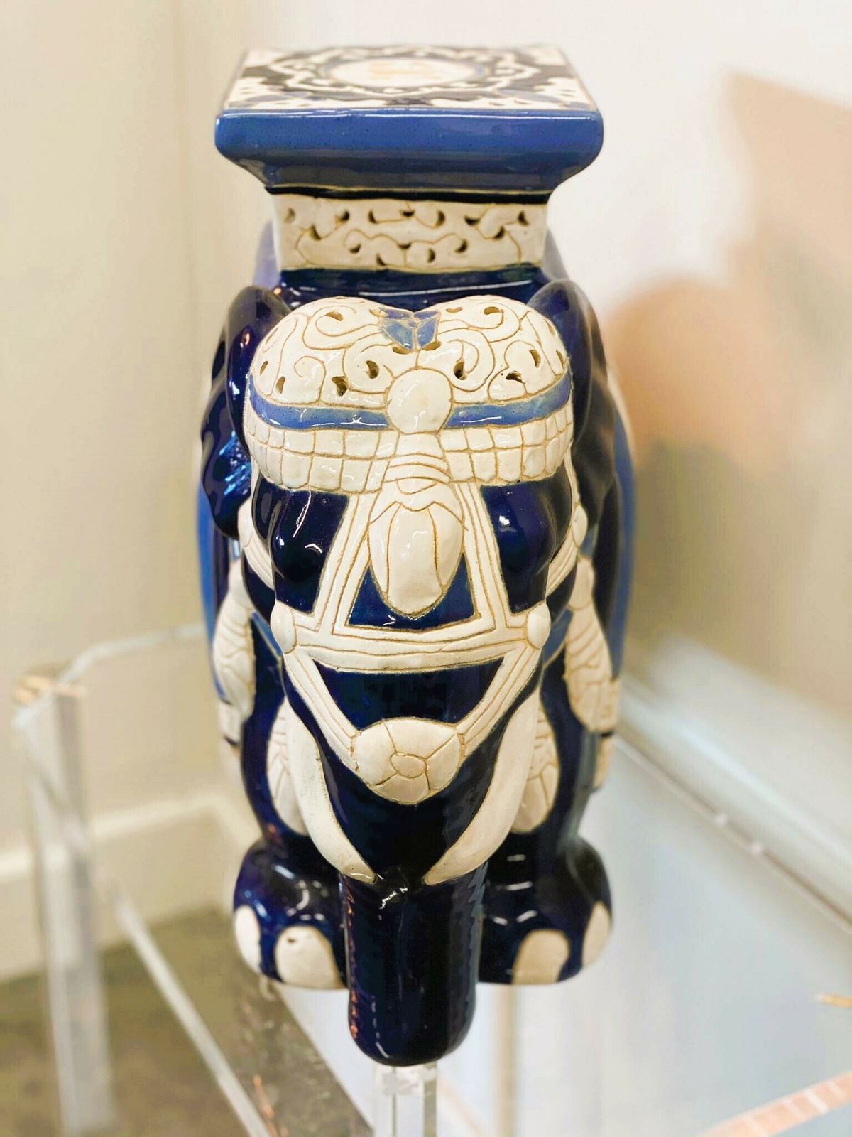 Chinoiserie Ceramic Lucky Elephant Plant Stand In Blue And Cream. photo furniture