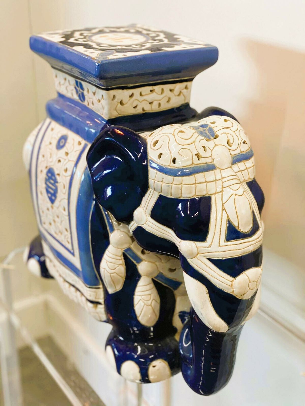 Chinoiserie Ceramic Lucky Elephant Plant Stand In Blue And Cream. photo Furniture