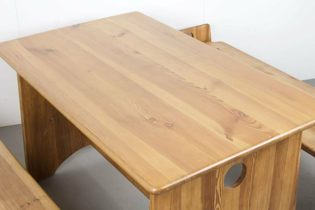 Swedish Solid Pine Benches & Dining Table By Gilbert Marklund For Furusnickarn Ab, 1970s, Set Of 3 photo for sale