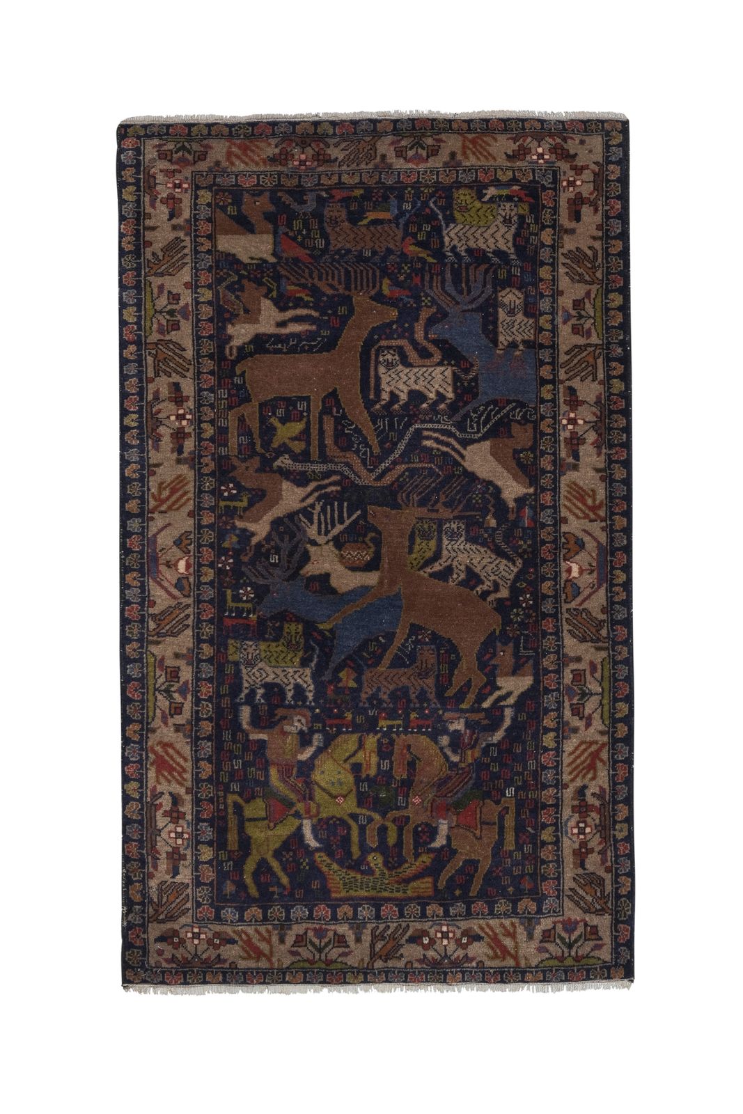1970s Vintage Opal Blue Animal Garden Caucasian Rug