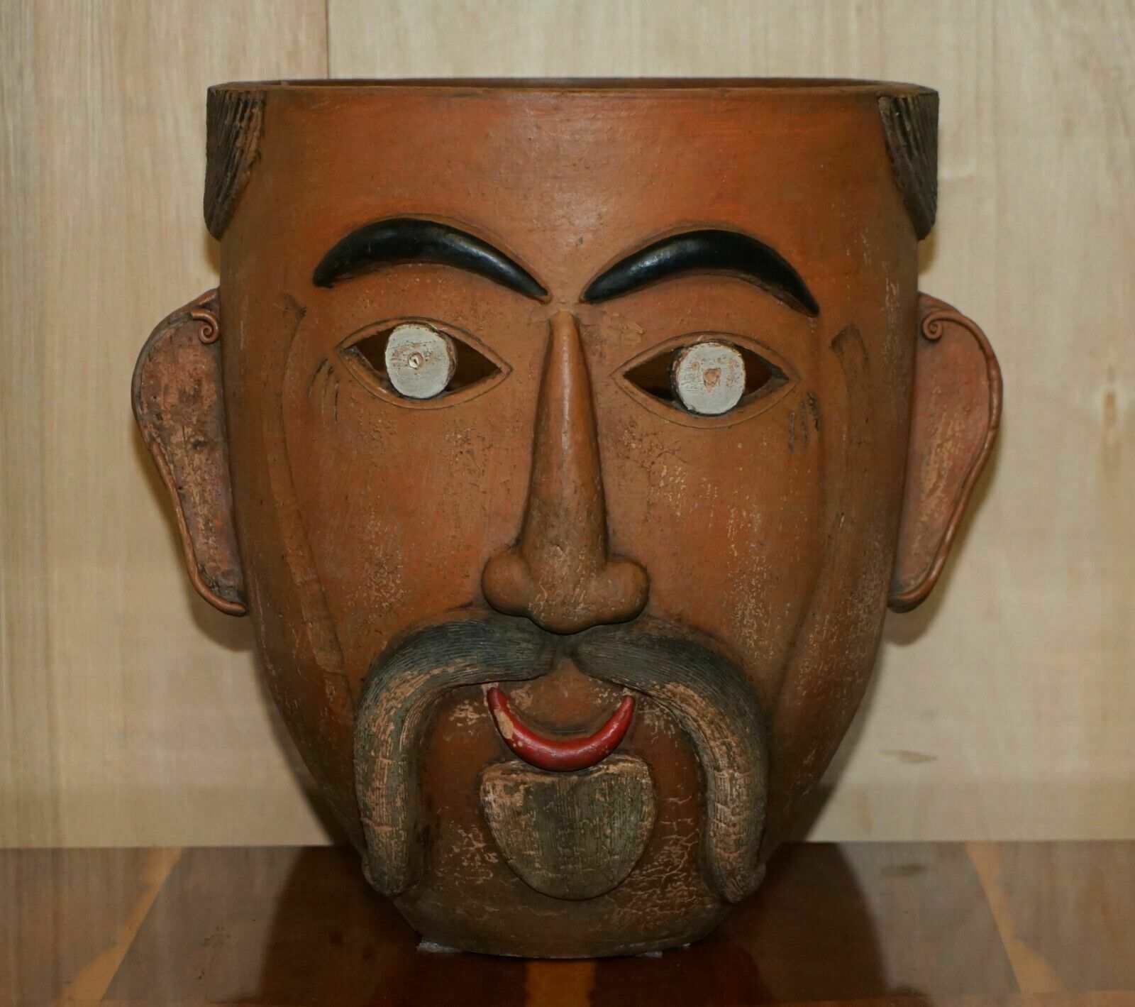 Pair Of 1960's Vintage Mexican Folk Art Terracotta Head Face Planter Plant Pots photo Home Decor