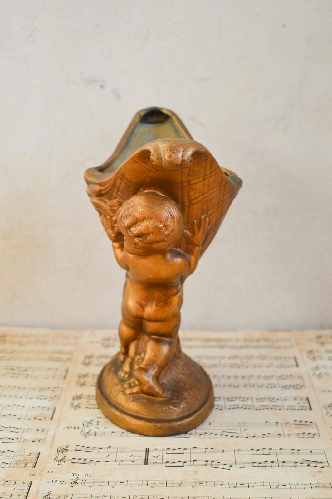 Rare Antique Cherub Gold Vase, Art Nouveau Baby Cherub Ornate Planter 22x20cm photo for sale
