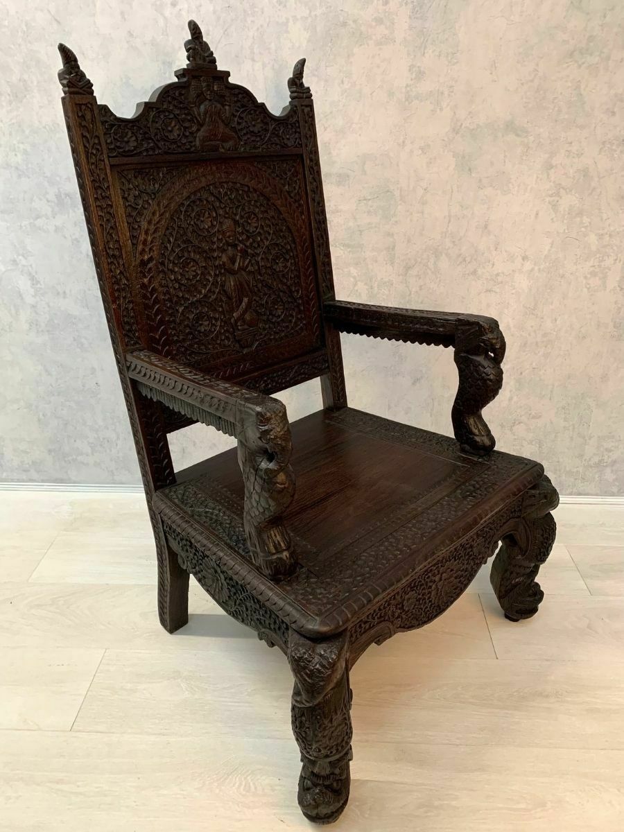 19th Profusely Carved Indian Moghul Armchair photo furniture