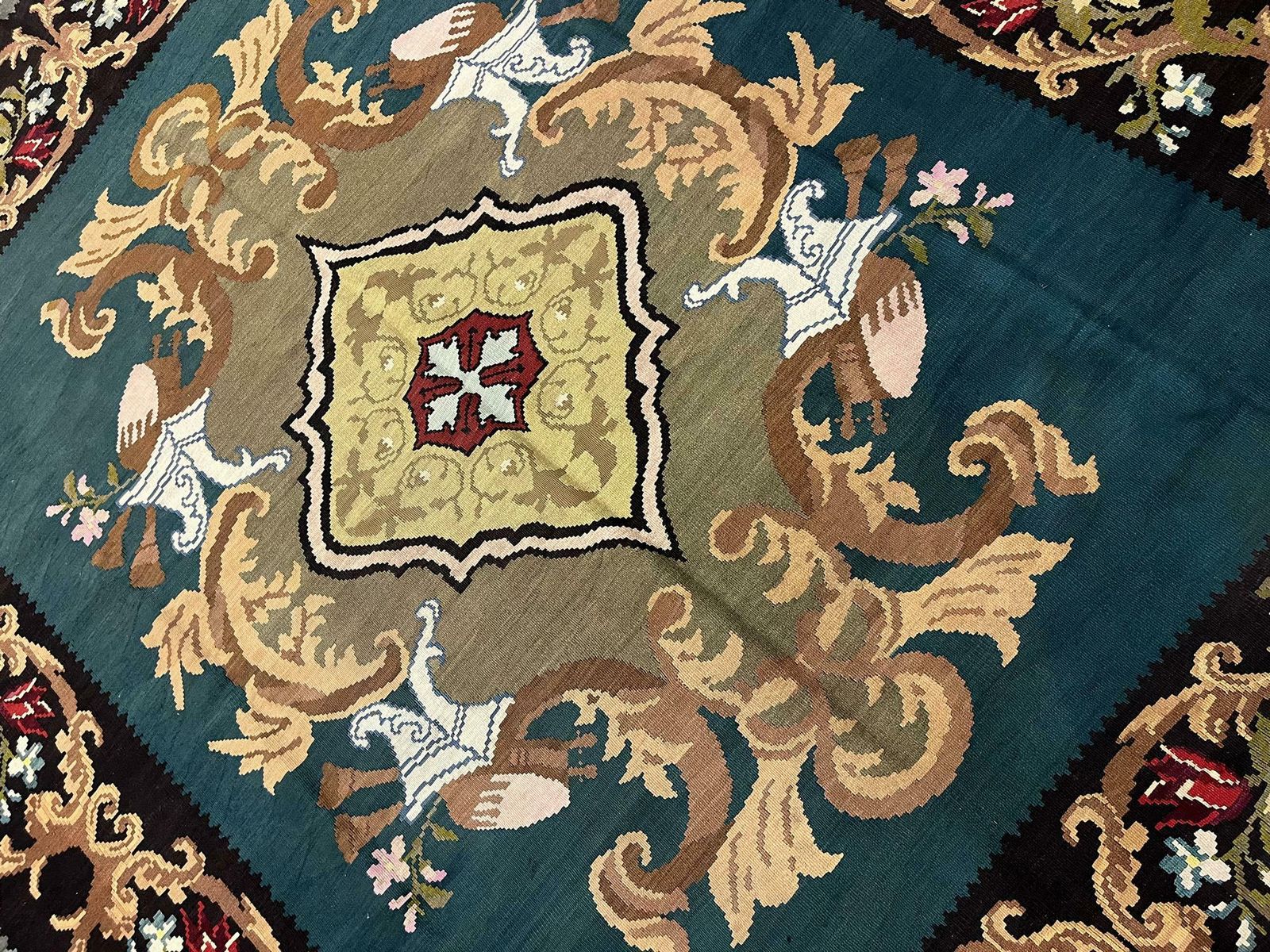 Teal Green Kilim Rug Handwoven Oriental Carpet Moldavian Area Rug photo for sale