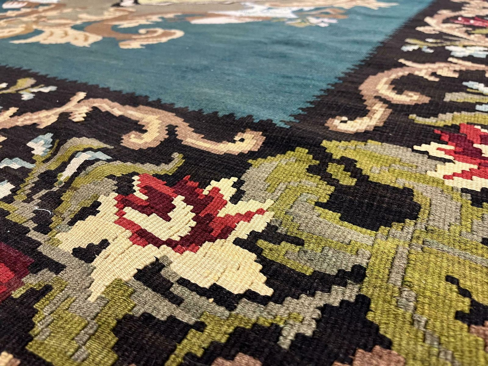 Teal Green Kilim Rug Handwoven Oriental Carpet Moldavian Area Rug photo vintage