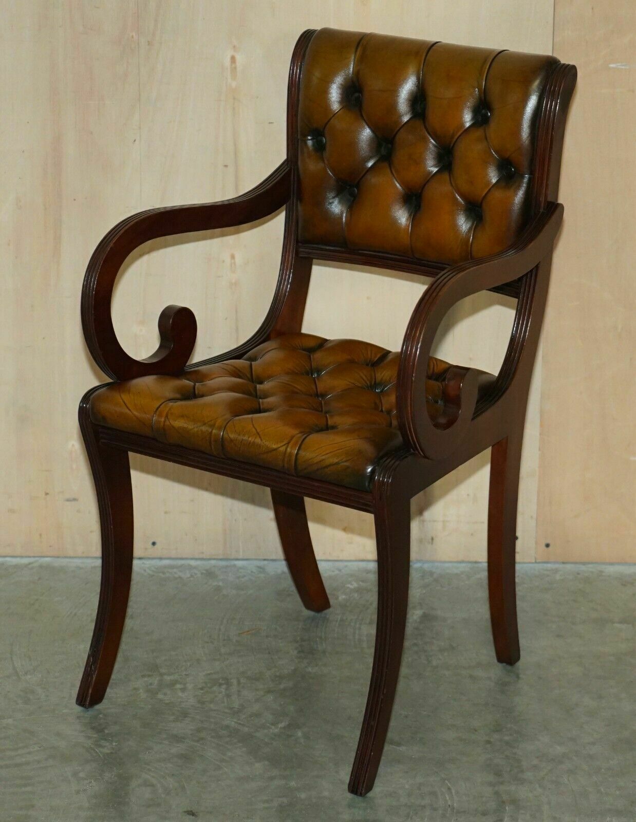 photo for sale Eight Vintage Mahogany Fully Restored Chesterfield Brown Leather Dining Chairs 8