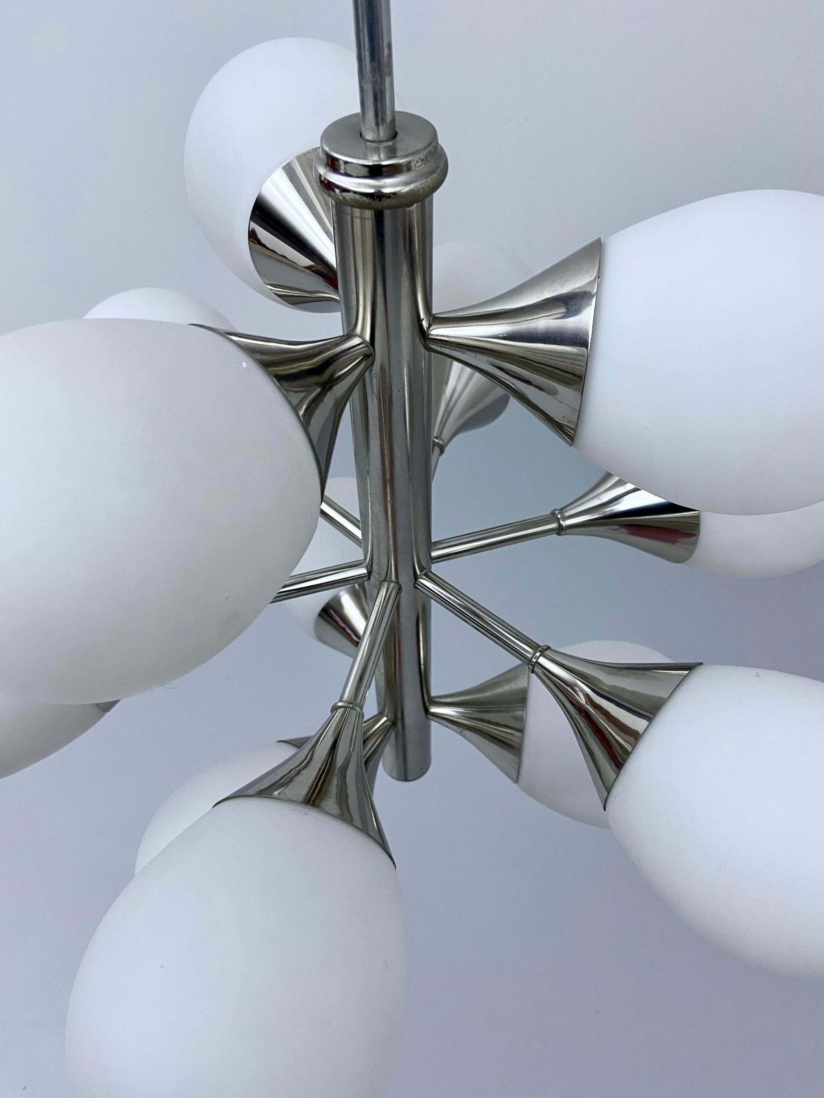 Sputnik In Metal And 12 White Opaline Teardrops By Kaiser Leuchten, 1960's photo for sale