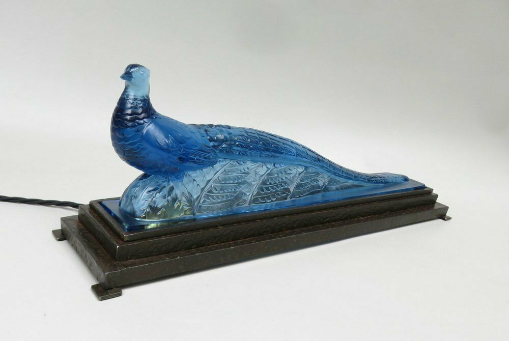 Extraordinary Art Deco Table Lamp "Peacock" In Blue Glass From Verlys France 1920s photo for sale