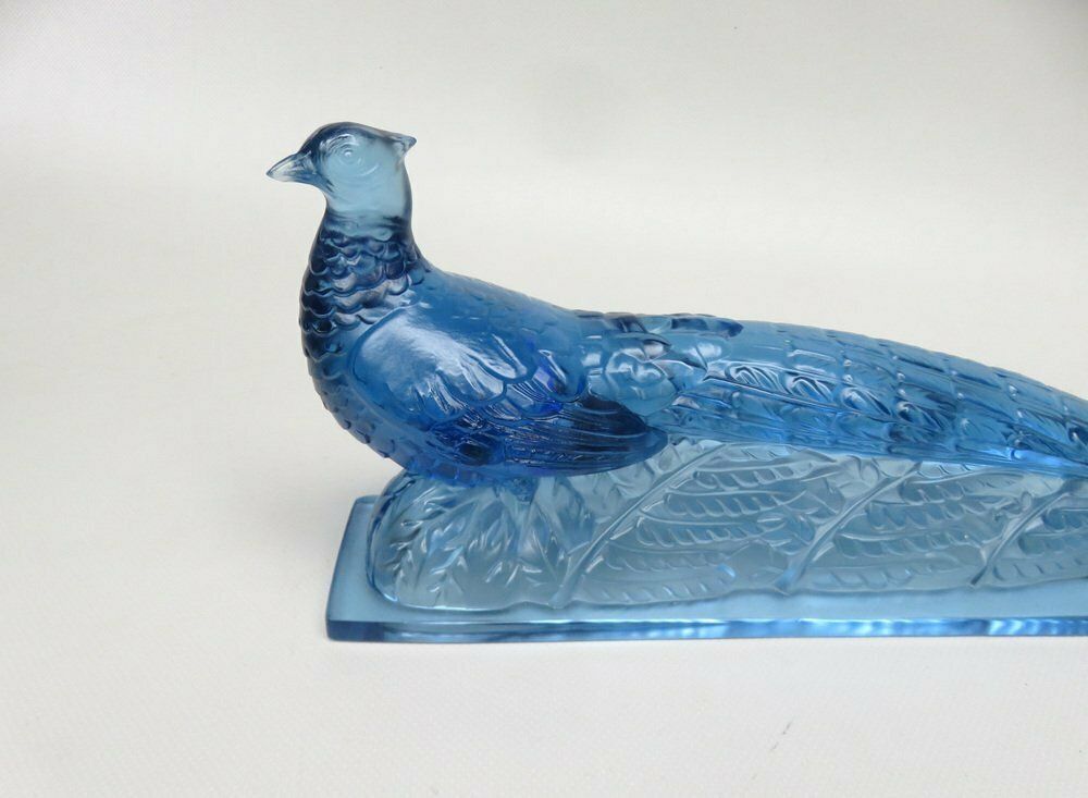 photo buy Extraordinary Art Deco Table Lamp "Peacock" In Blue Glass From Verlys France 1920s
