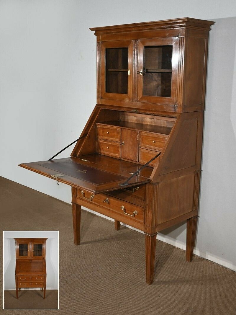 Bureau De Pente Vitrine In Solid Acacia, Louis XVI Style – 1st Part Of The 19th Century