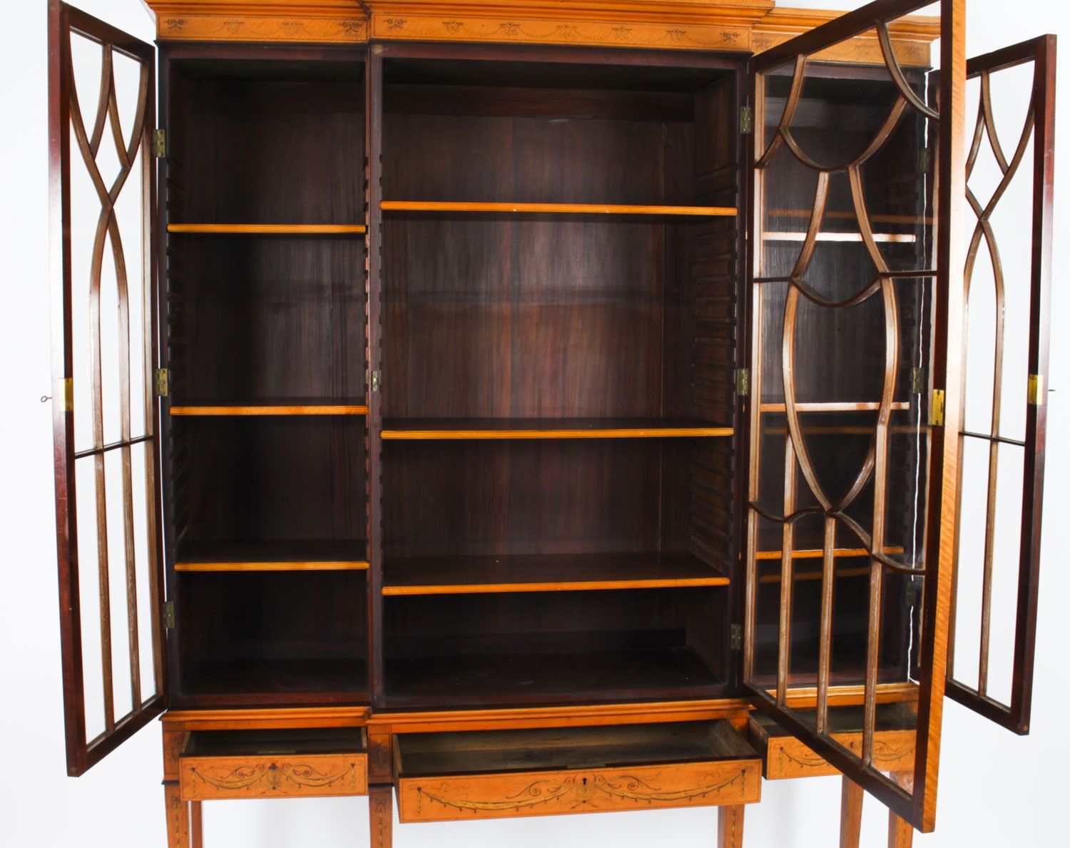 Furniture Antique Satinwood Breakfront Bookcase Display Cabinet Edwards & Roberts 19th C photo