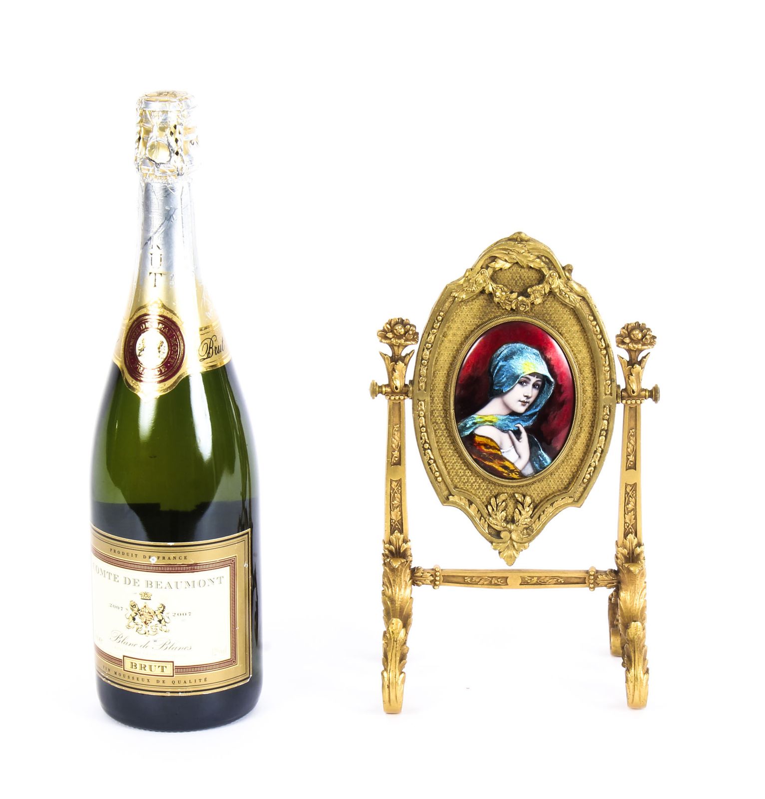 photo for sale Antique French Ormolu & Limoges Enamel Mirror F.Bienvue 19th C