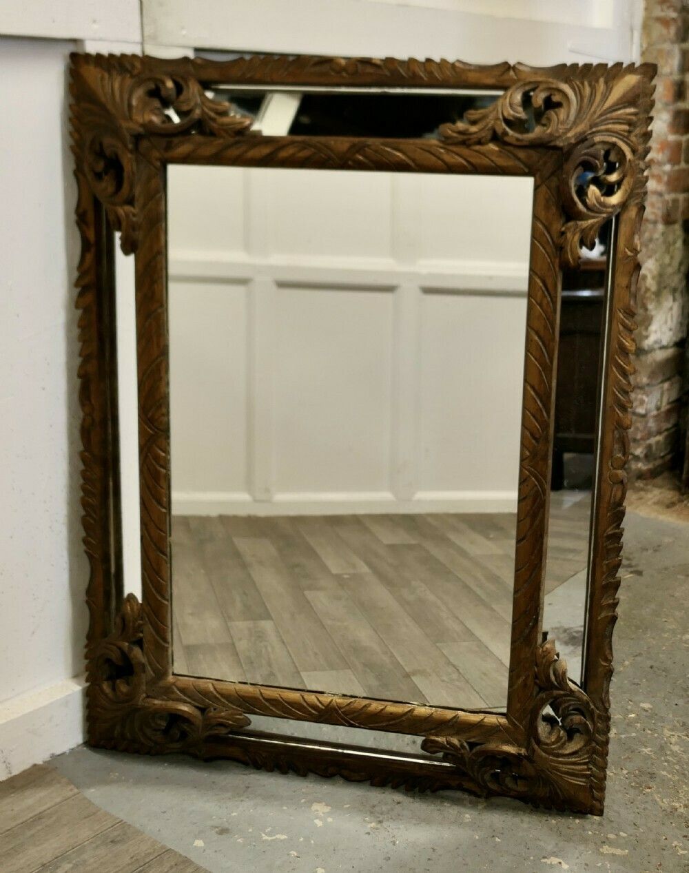 Large Heavily Carved French Oak Gilt Cushion Mirror photo for sale
