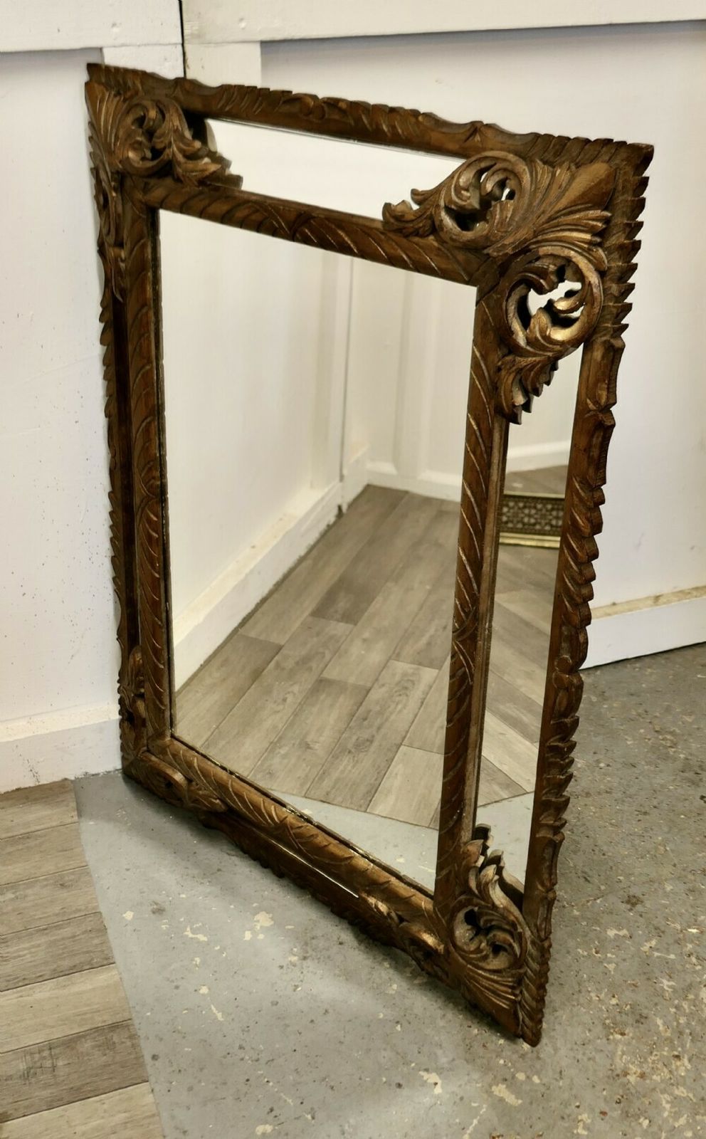 Large Heavily Carved French Oak Gilt Cushion Mirror photo vinterior