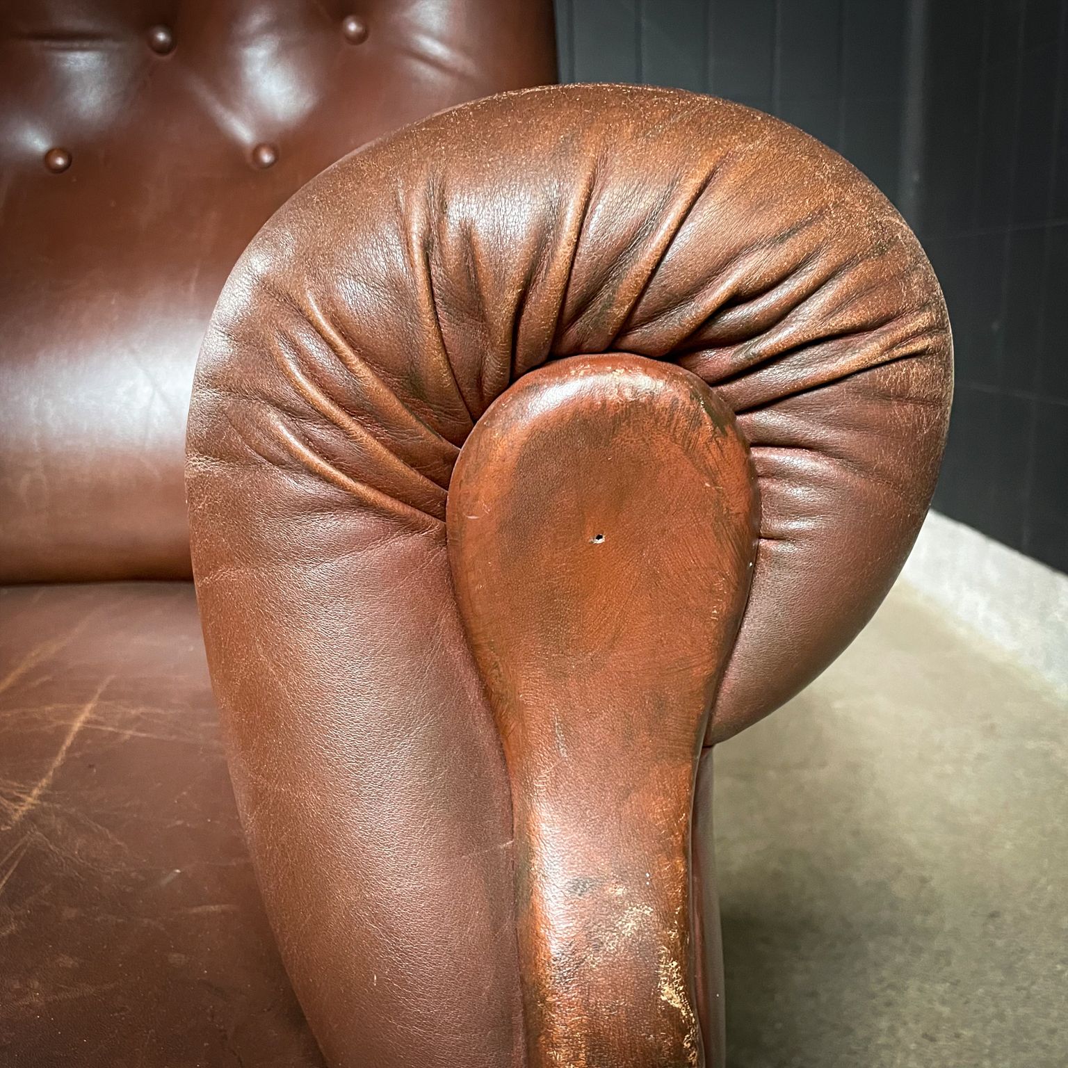 photo for sale Large Brown Leather Lived Club Armchair