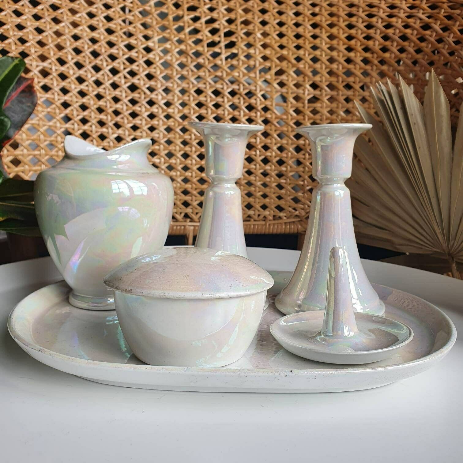 Vintage 1980s Ceramic Pottery Purple Vanity Set Jewellery Tray Trinket Dish Candle Holder photo for sale