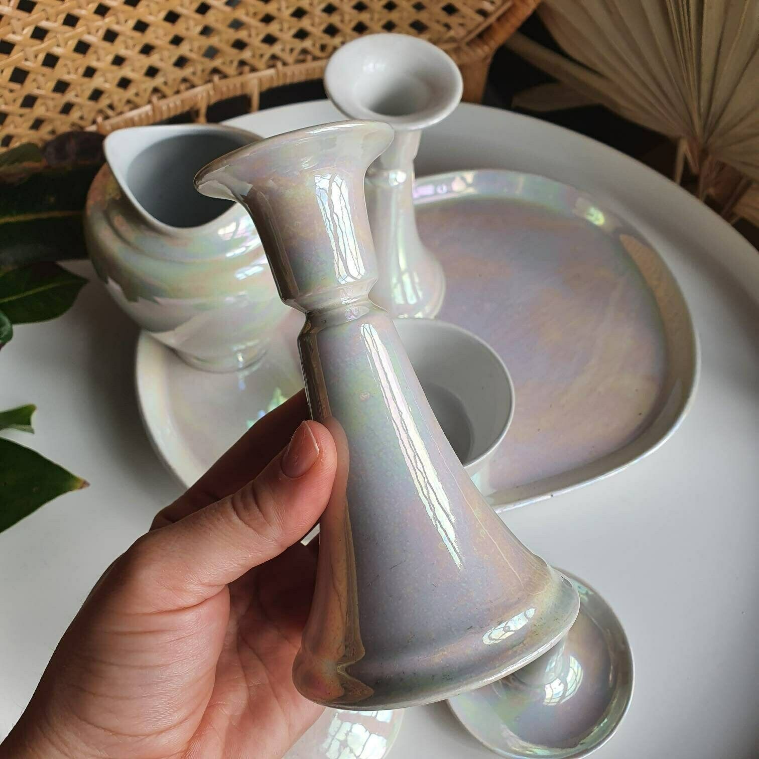 Vintage 1980s Ceramic Pottery Purple Vanity Set Jewellery Tray Trinket Dish Candle Holder photo 62.0