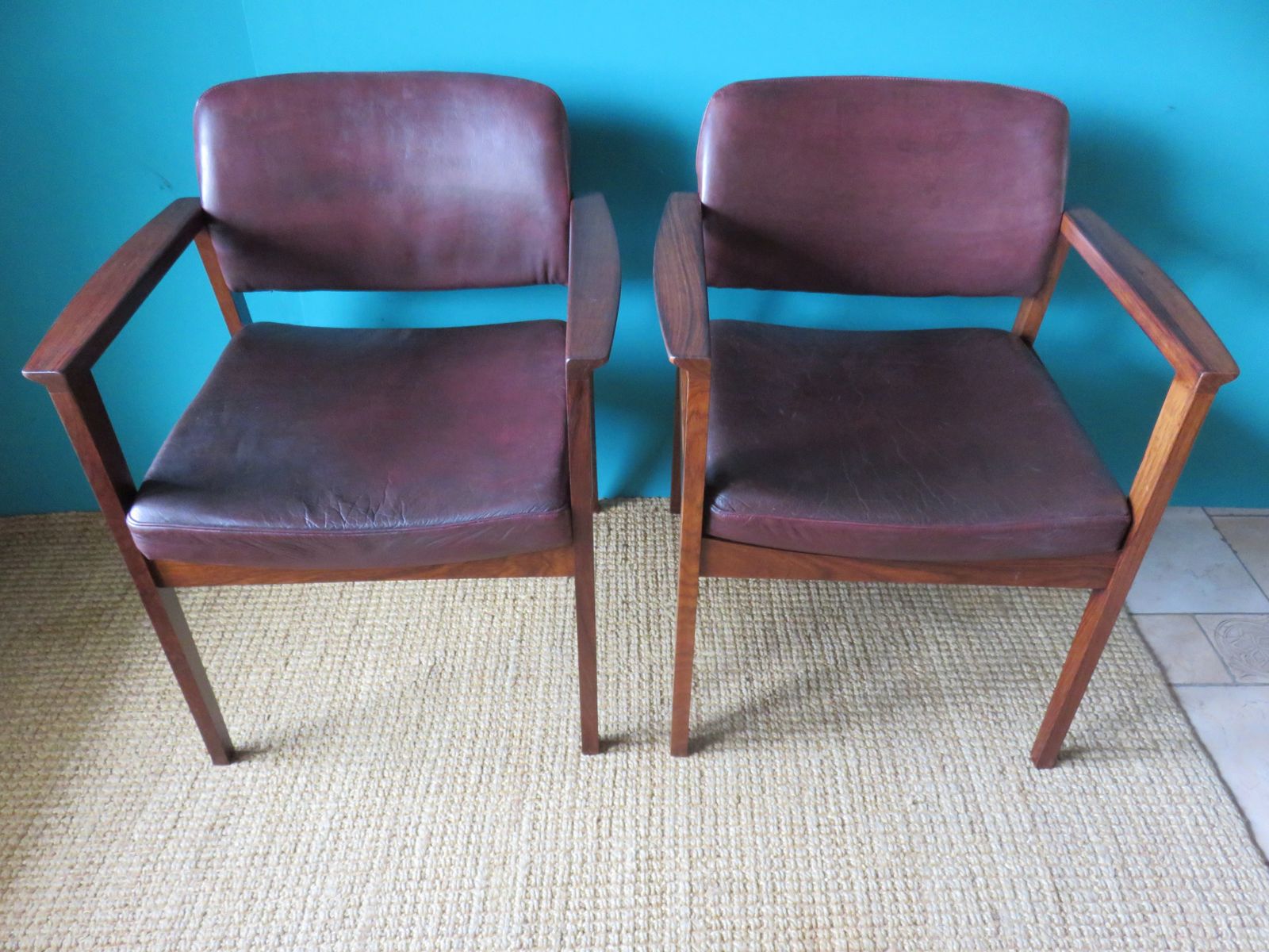 Pair Of Padouk And Plum Leather Armchairs. Denmark 1960