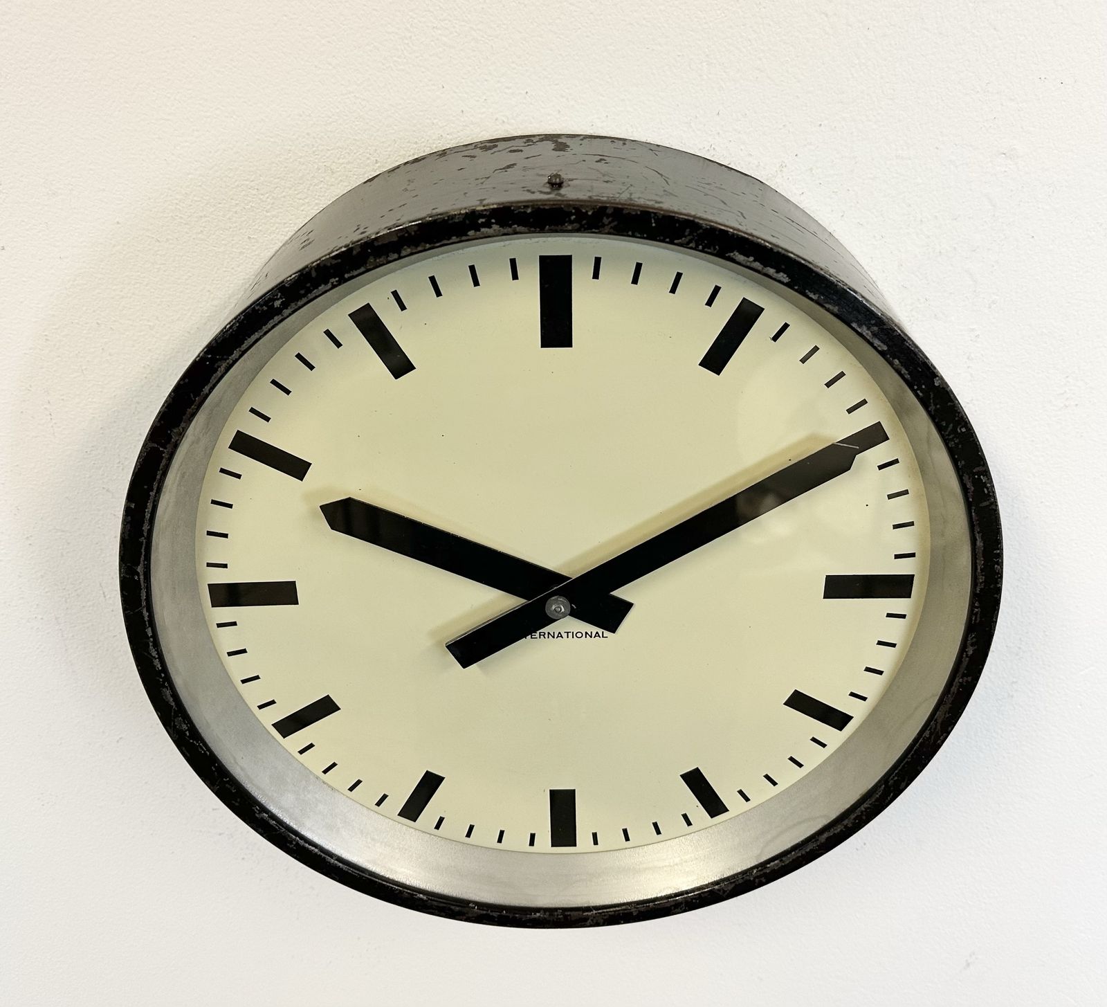 Black Industrial Factory Wall Clock From International, 1950s photo vintage