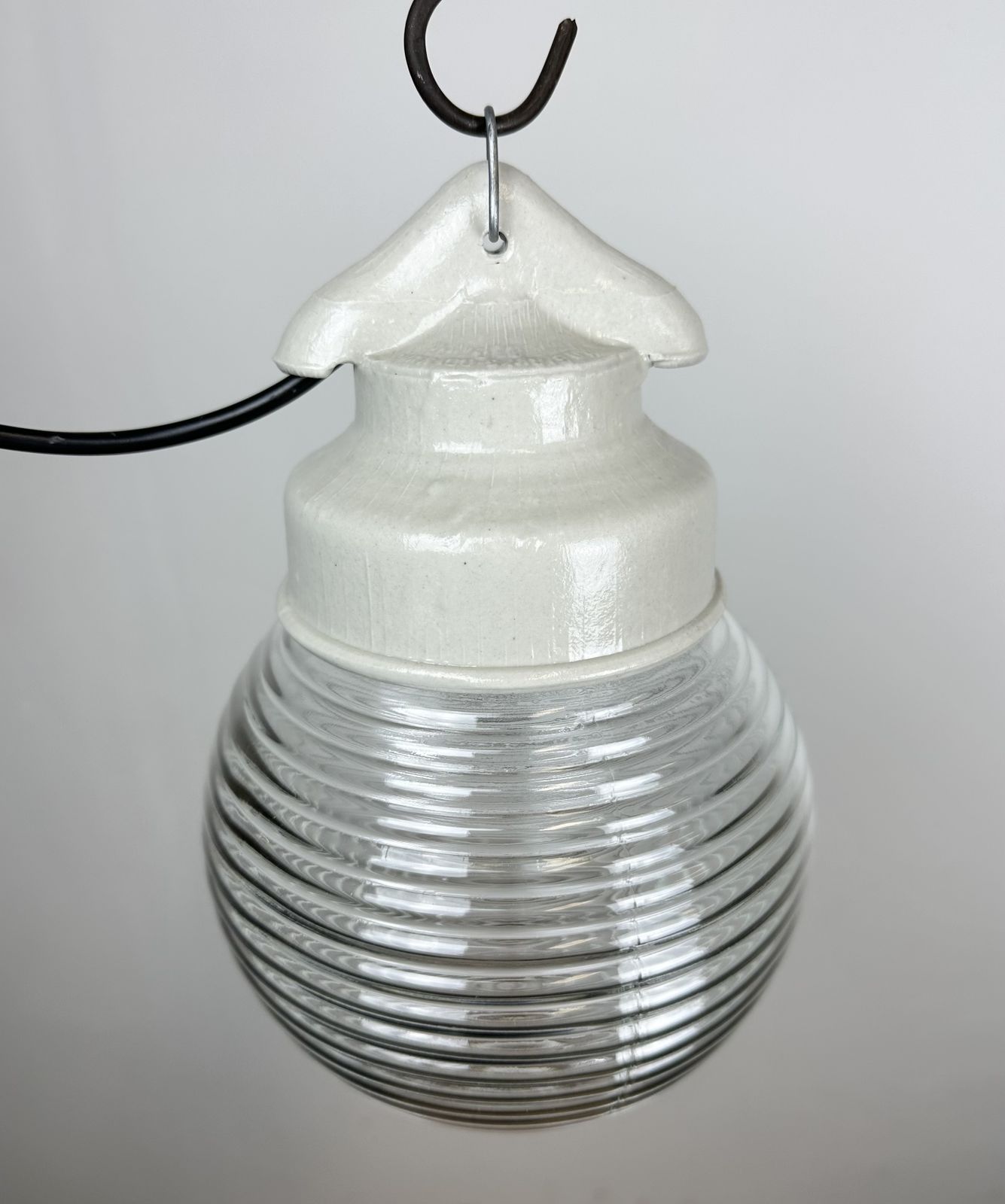 Industrial White Porcelain Pendant Light With Ribbed Glass, 1970s, 3x photo 159.0