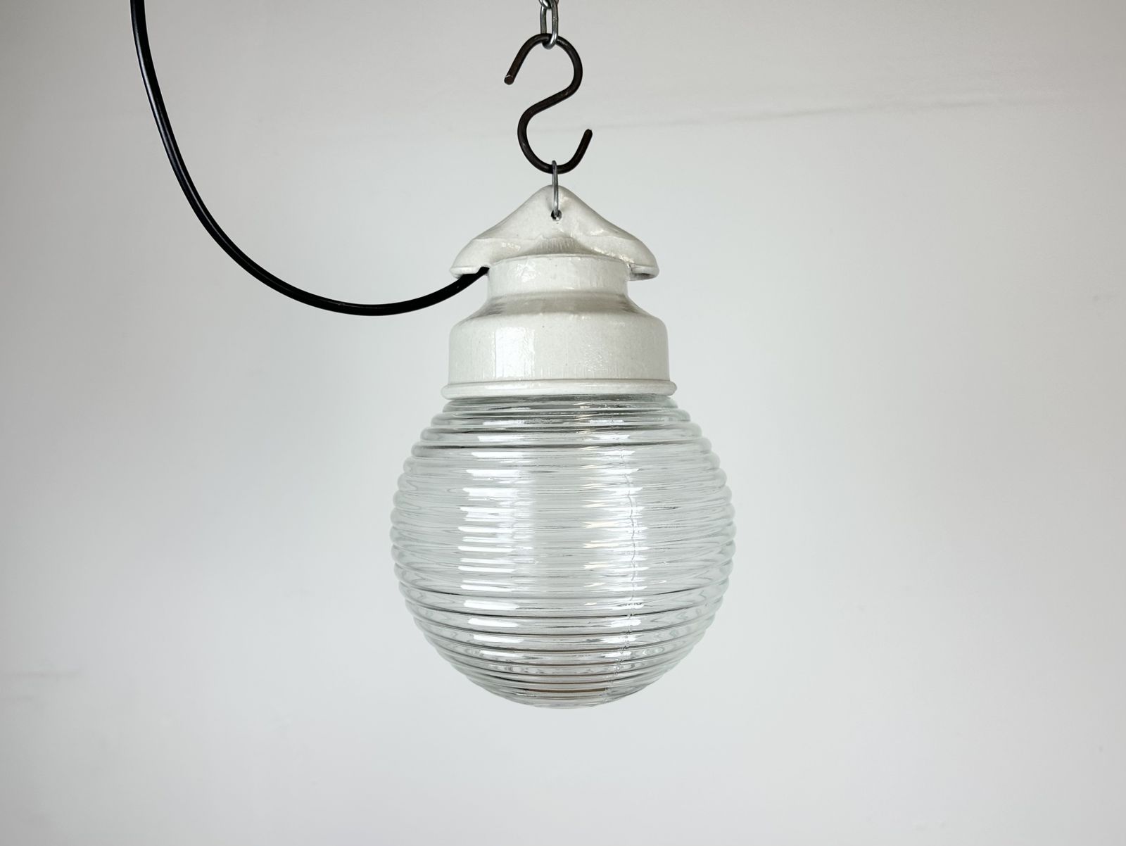 Industrial White Porcelain Pendant Light With Ribbed Glass, 1970s, 3x photo buy