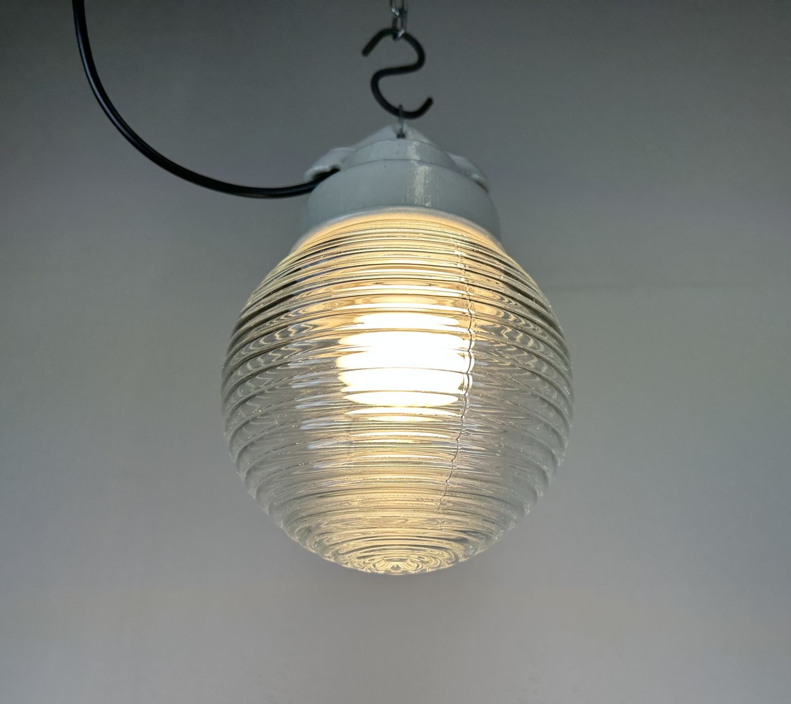 Lighting Industrial White Porcelain Pendant Light With Ribbed Glass, 1970s, 3x photo