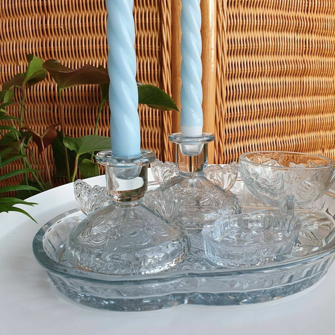 Vintage 1930s Blue Depression Glass Dressing Table Vanity Set With Candlesticks And Trinket Bowls photo buy