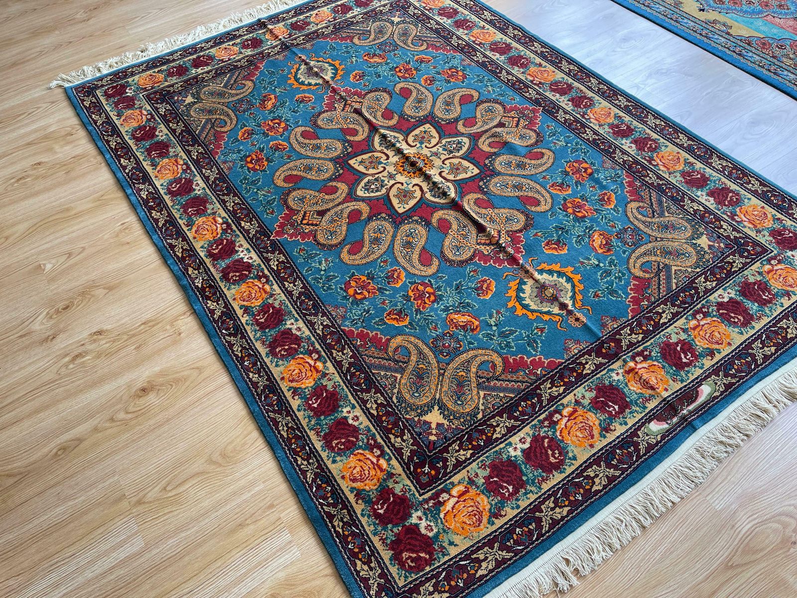 Exclusive Livingroom Rug, Paisley Blue Rug, Silk & Wool Handmade Carpet photo vinterior