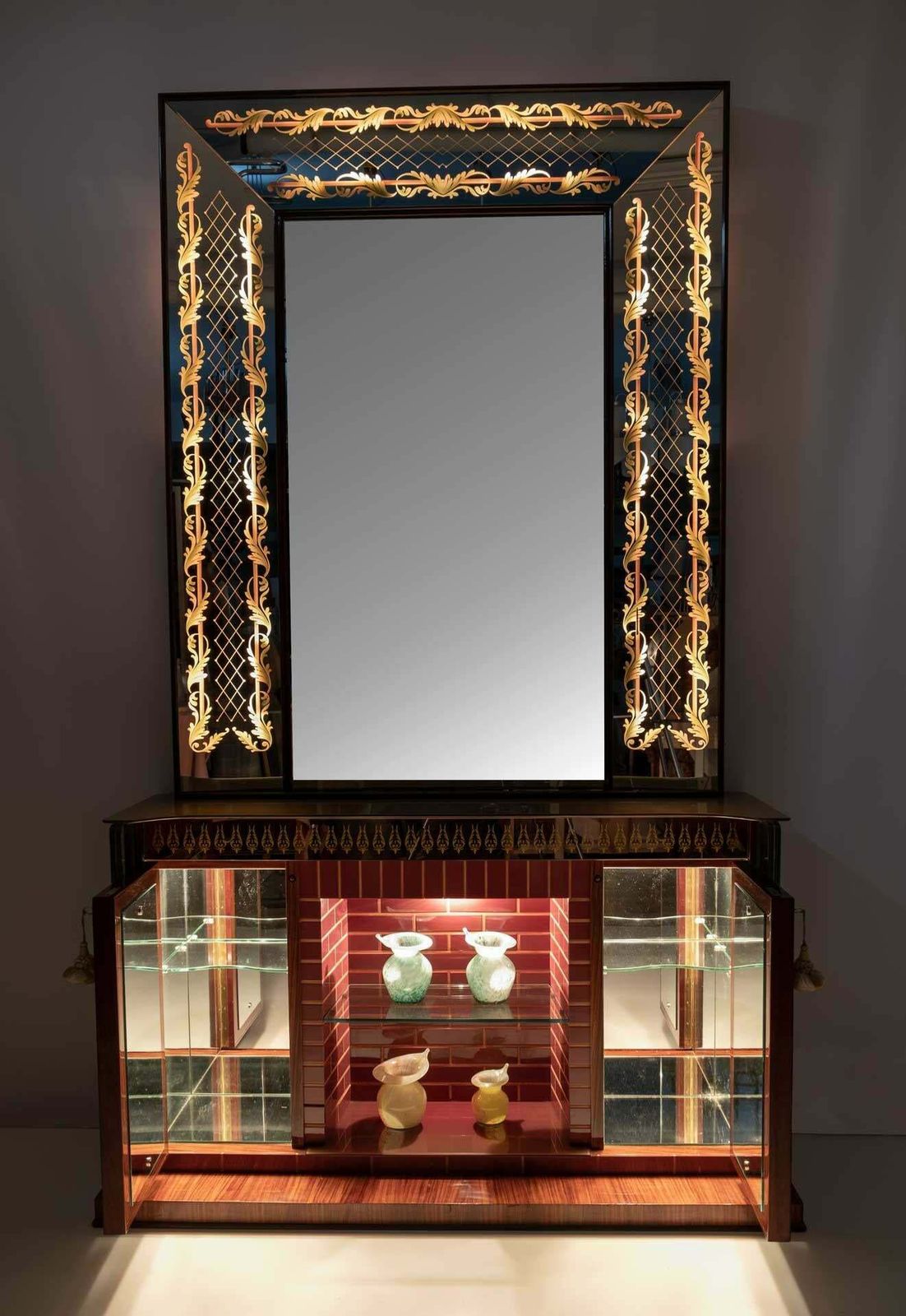 Luigi Brusotti Mid Century Modern Italian Bar Cabinet With Decorated Mirror, 40s photo 10804.0