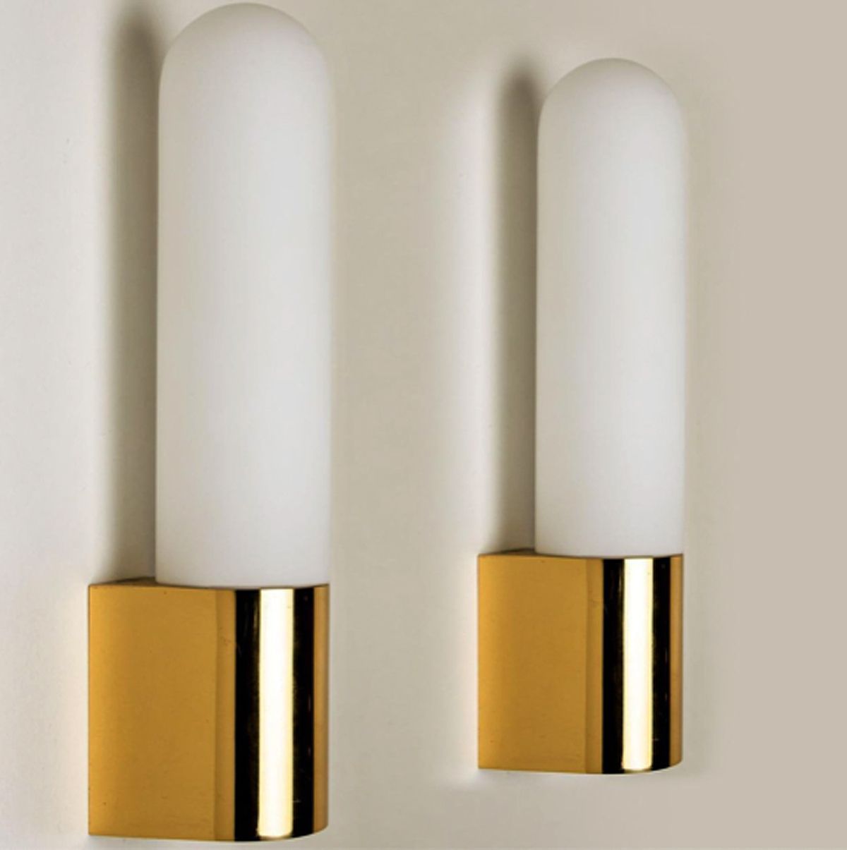 Mid Century Pair Of Brass Wall Lights With Opaline Glass By Limburg, Germany