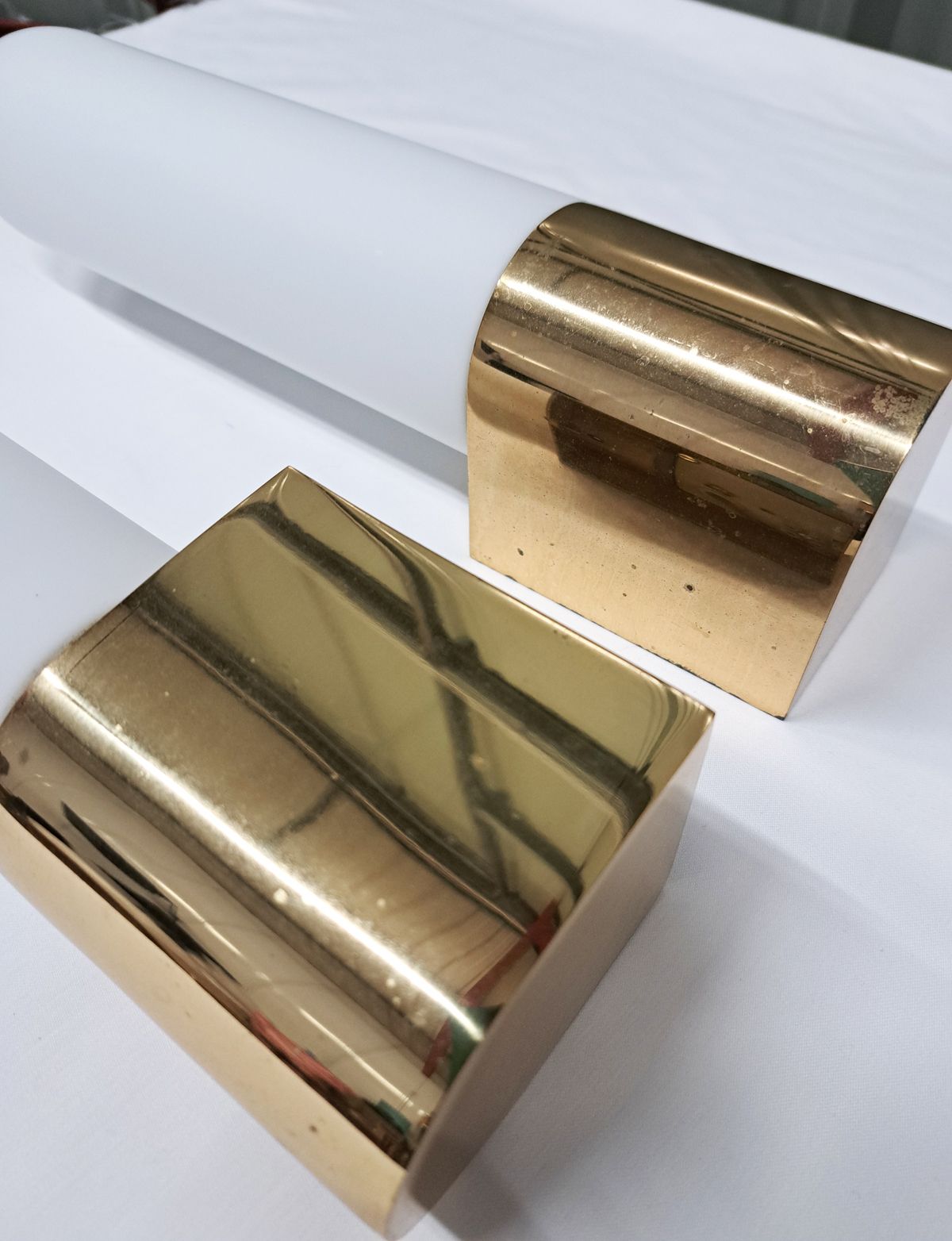 Mid Century Pair Of Brass Wall Lights With Opaline Glass By Limburg, Germany photo Lighting