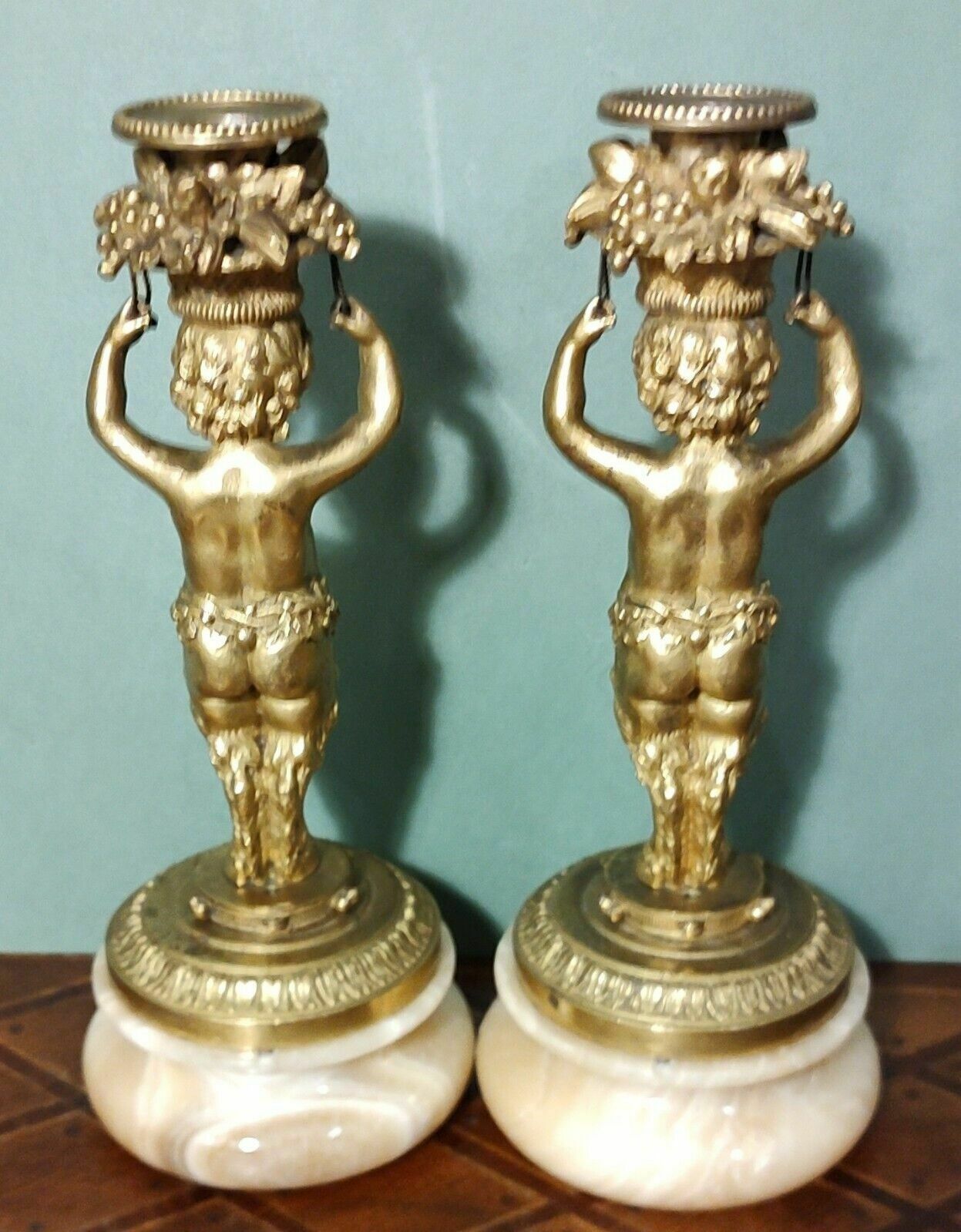 Rare Pair Antique French Gilt Bronze Ormolu Candlesticks Bacchic Fauns On Onyx photo vinterior