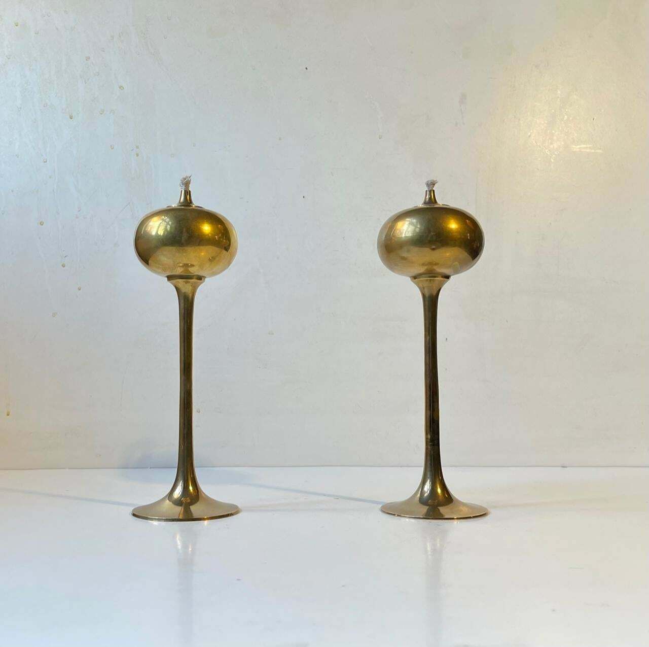 Scandinavian Modern Trumpet Oil Lamps In Brass, 1970s photo for sale