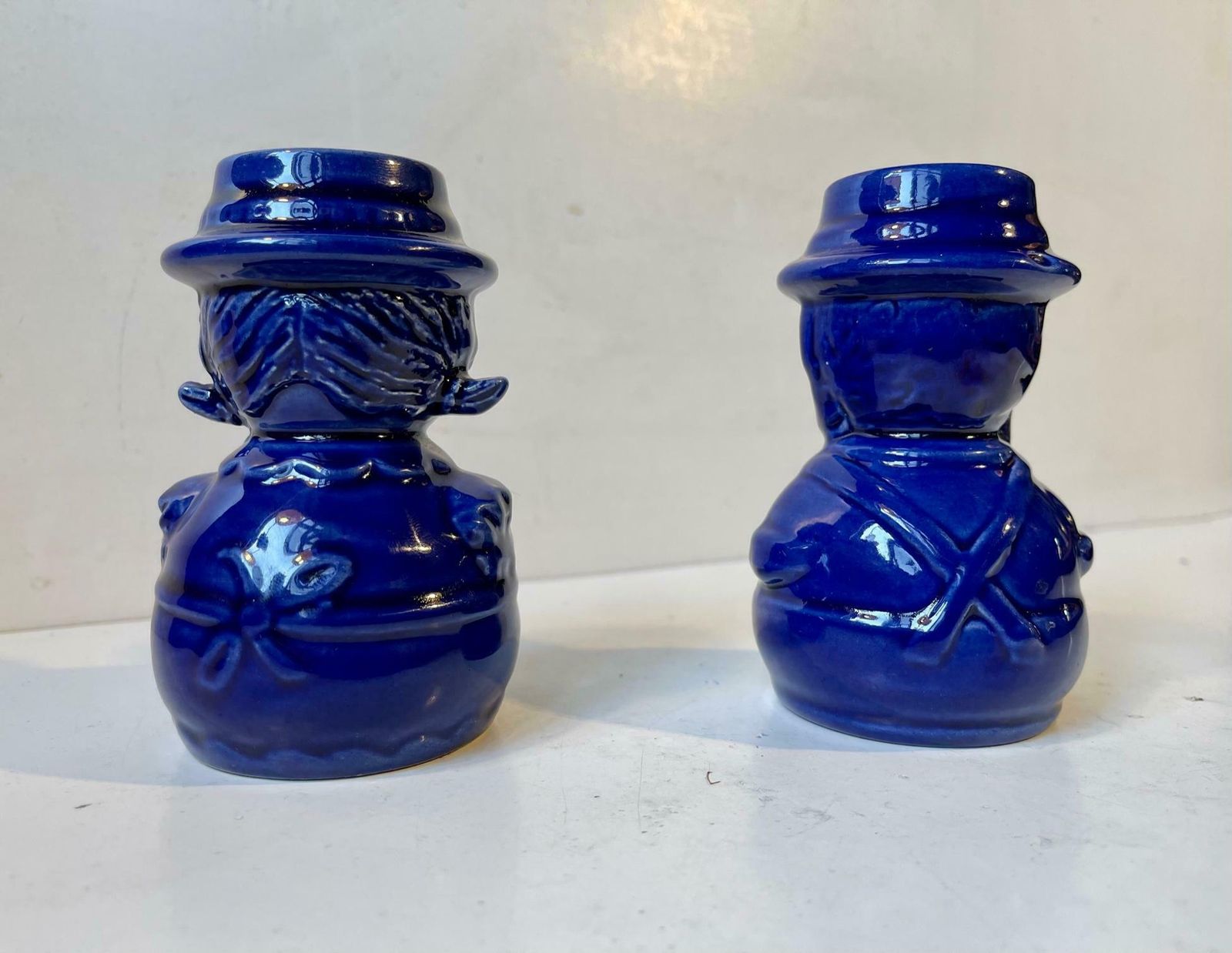 Vintage Scandinavian Figural Man & Wife Ceramic Candlesticks In Blue Glaze photo 259.0
