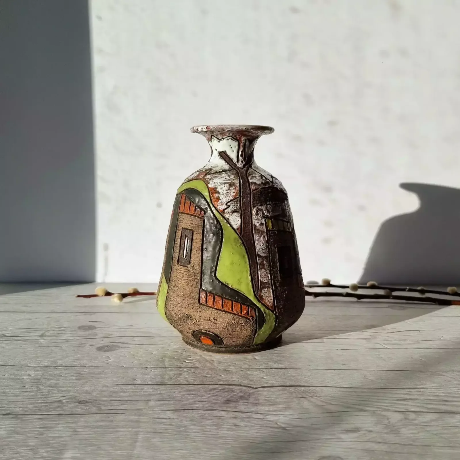 Fratelli Fanciullacci, Stylised Town Series, Sgraffito On Clay, Gloss And Lava Glaze Décor Vase