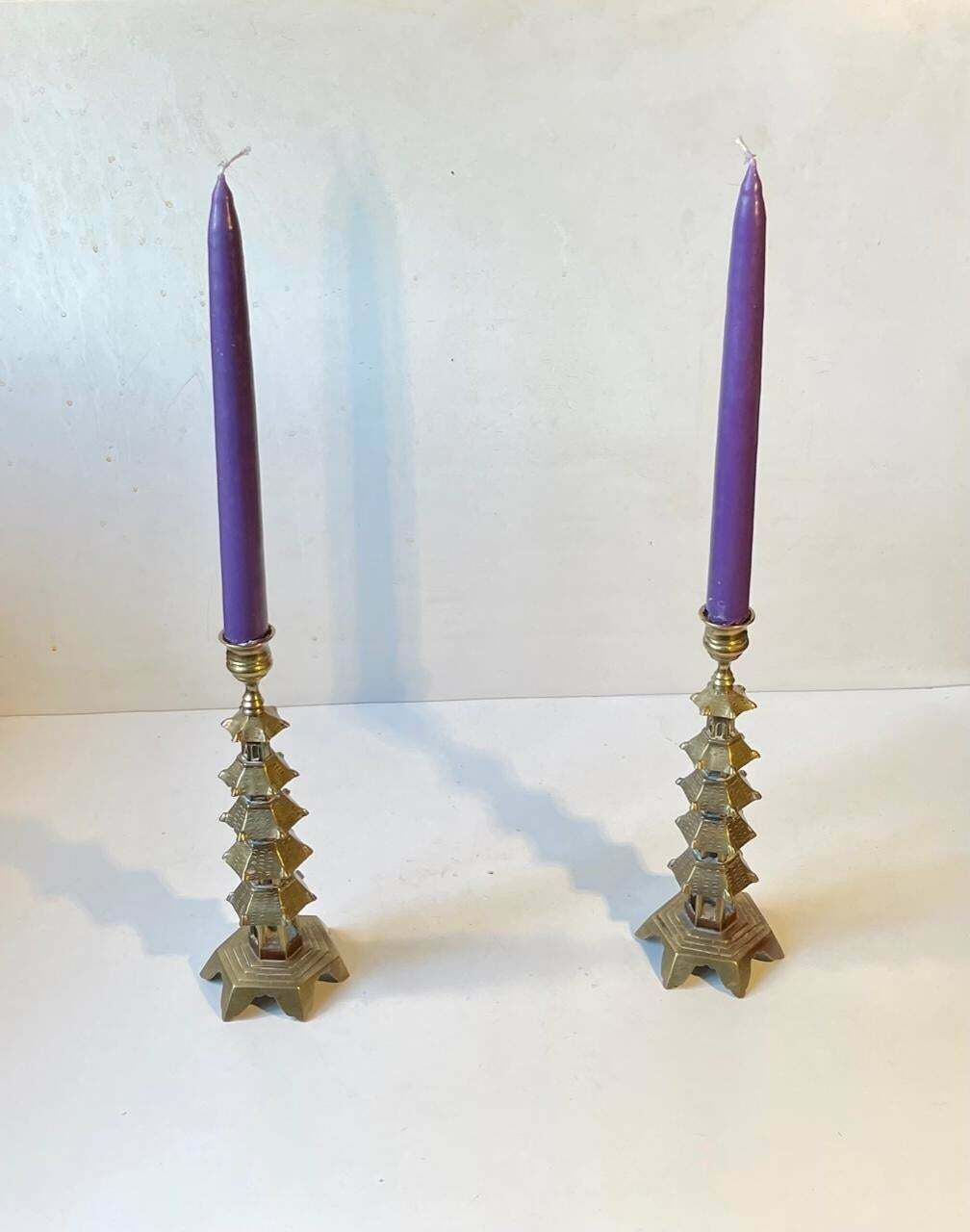 Pair Of Old Chinese Pagoda Candlesticks In Brass photo furniture