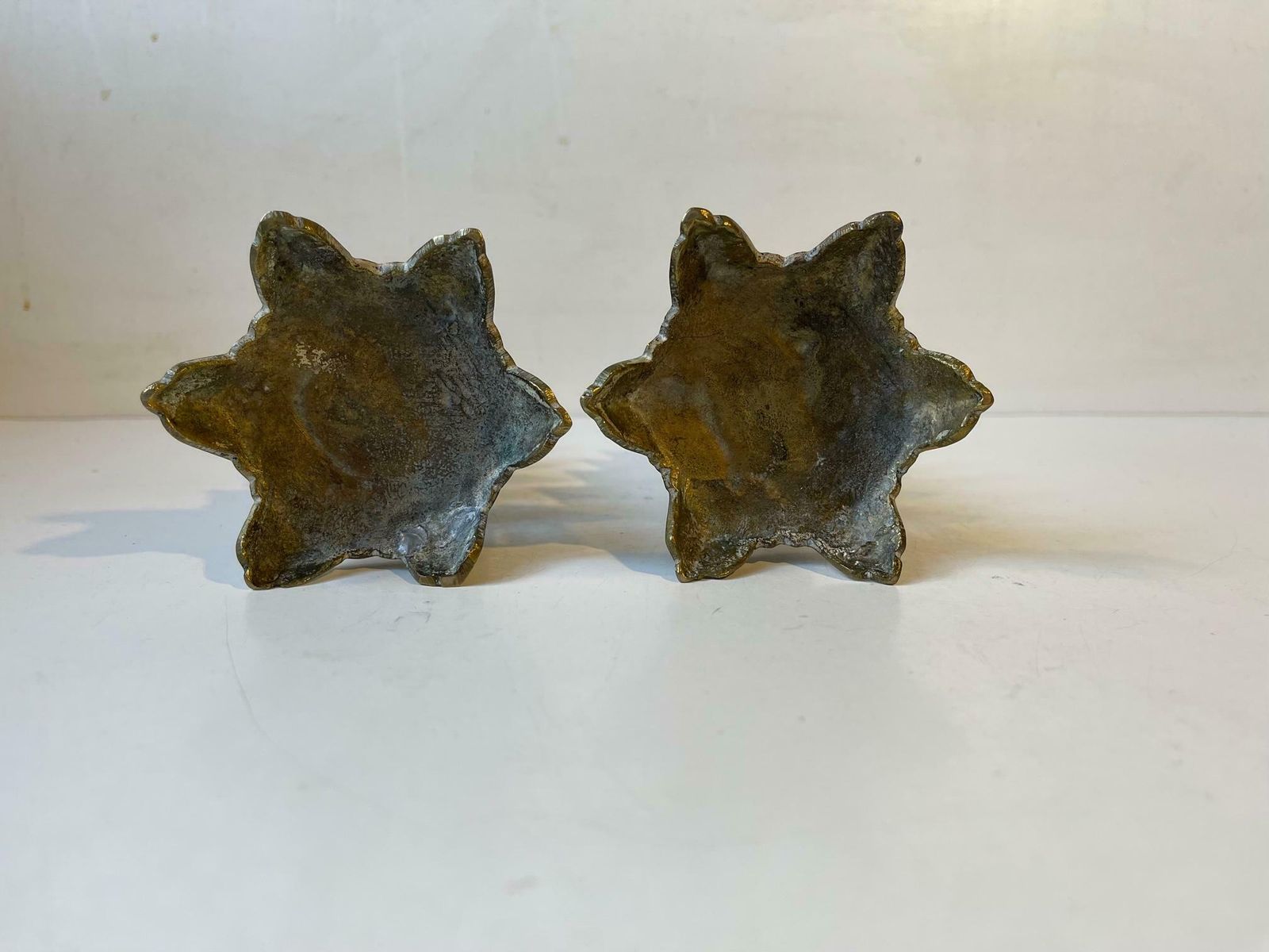 Pair Of Old Chinese Pagoda Candlesticks In Brass photo vinterior
