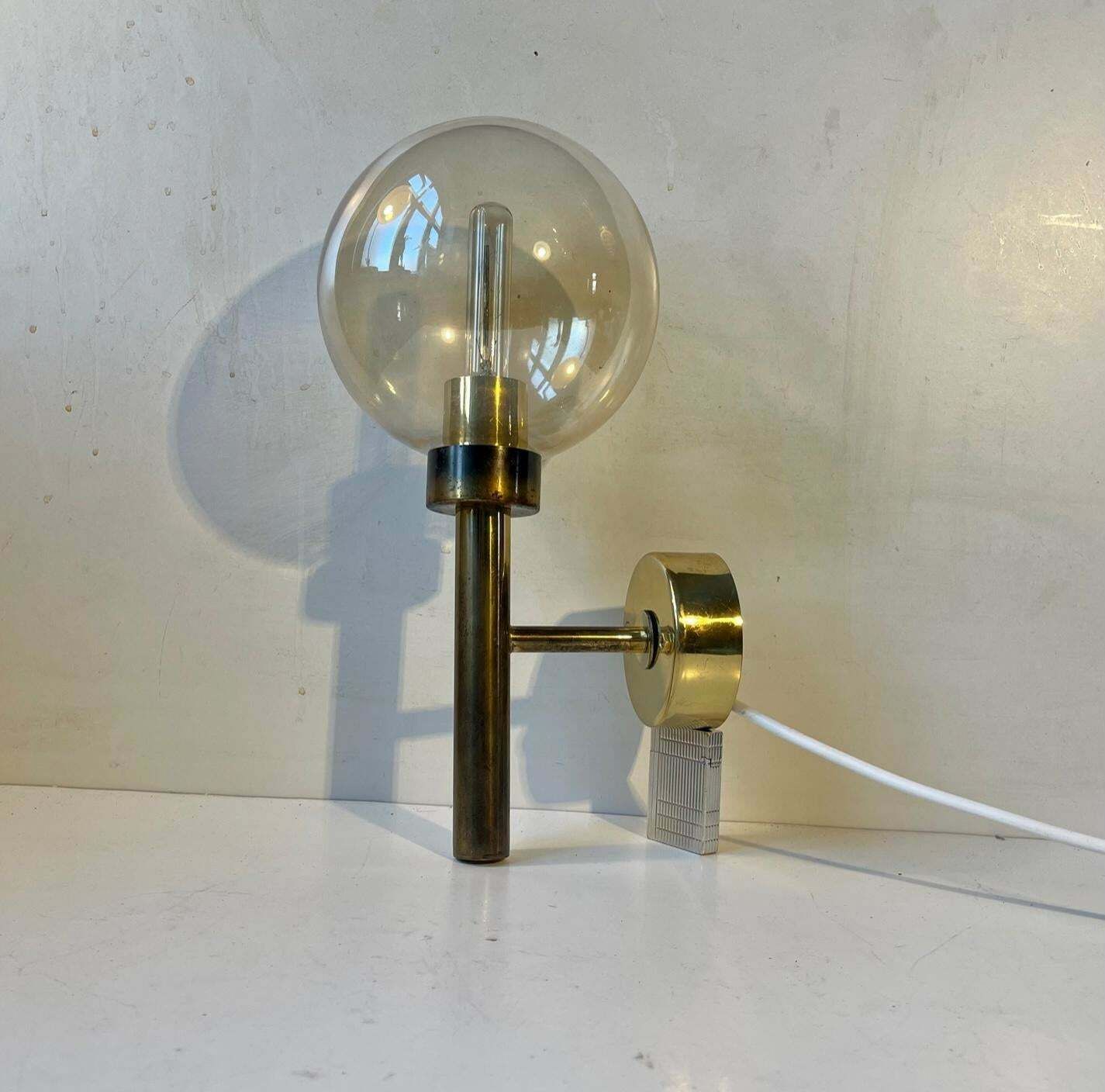 Hans Agne Jakobsson Swedish Modern Wall Sconce In Brass & Smoke Glass photo for sale