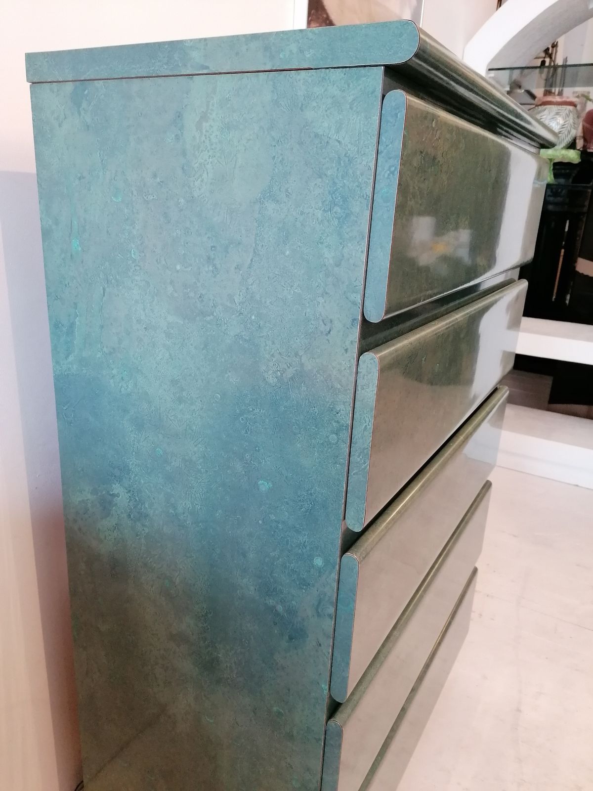 Beautiful Vintage Aqua / Jade Lacquer Laminate Tall Drawer Cabinet With 5 Drawers, USA 1980s photo 1560.0