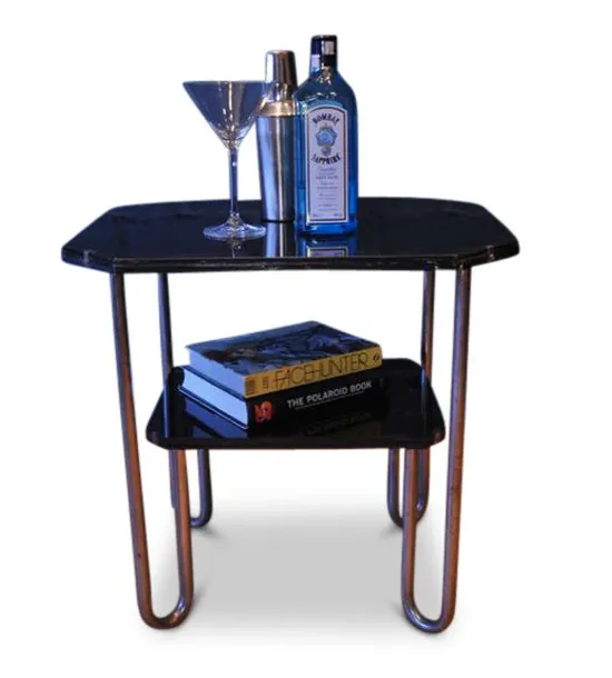 Marcel Breuer 1930's Bauhaus Glazed Two Tier Black Glass Table On A Tubular Formed Chrome Base For Robert Slezák Ol
