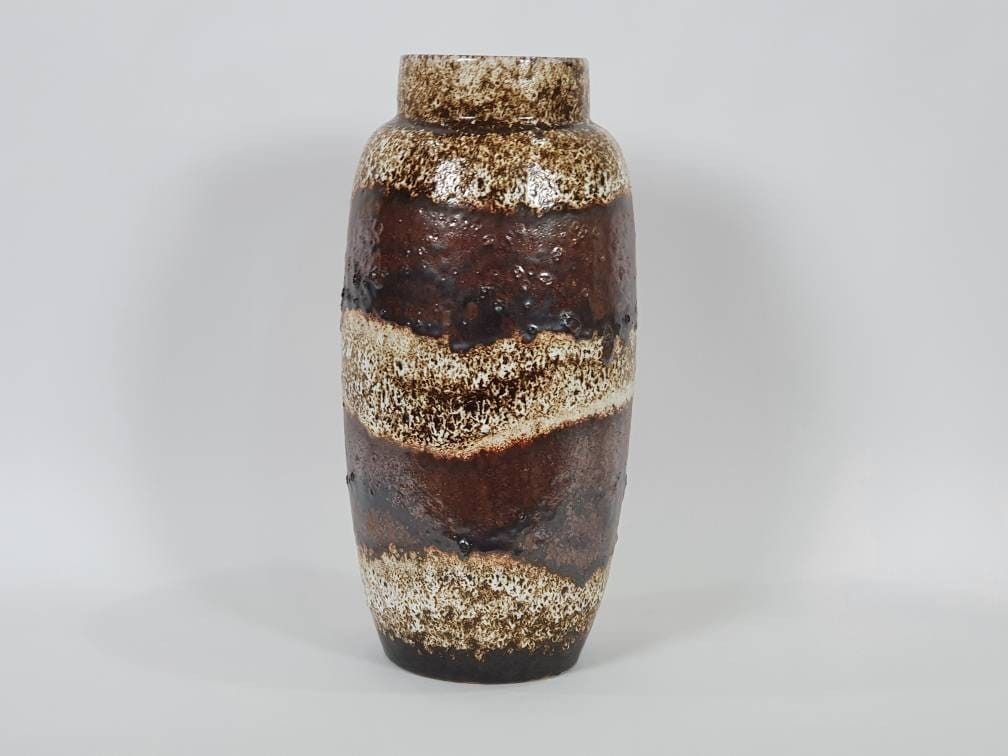 West German Pottery Fat Lava Floor Vase, Brown Banded Volcanic Glaze: Scheurich 553 38
