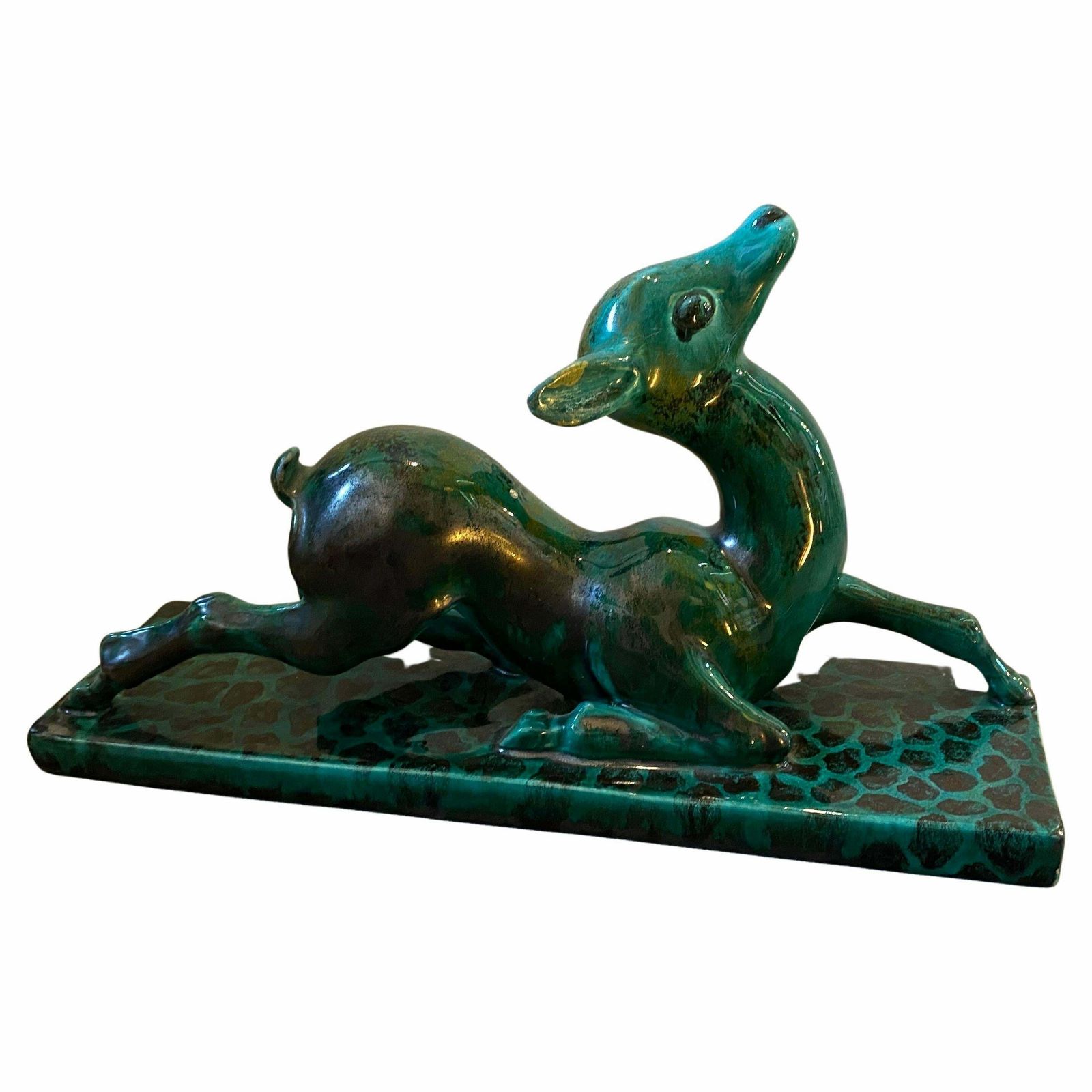 1930s Egisto Fantechi Art Deco Green Ceramic Italian Sculpture Of A Fawn