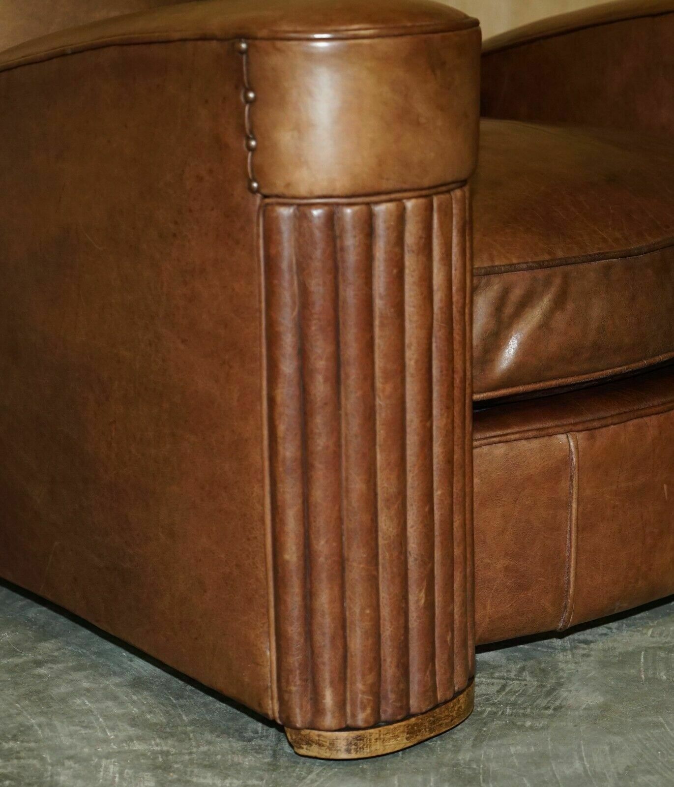 photo for sale Stunning Pair Of Original Art Deco Heritage Brown Leather Circa 1920's Armchairs
