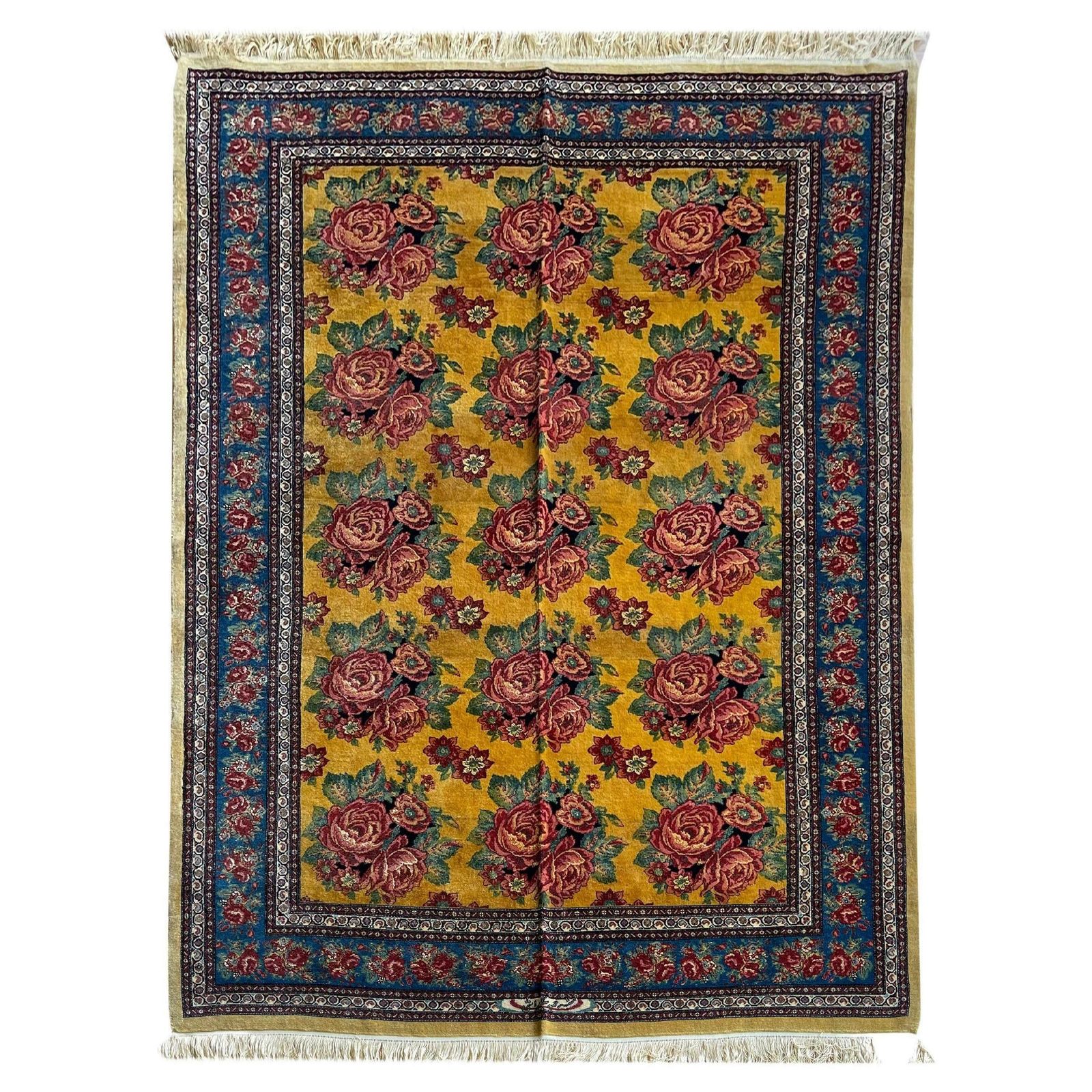 Exclusive Floral Rug, Gold Silk Handwoven Carpet, Kurdish Oriental Rug