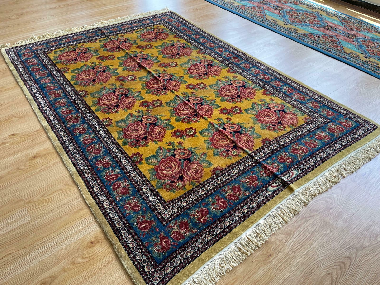 Exclusive Floral Rug, Gold Silk Handwoven Carpet, Kurdish Oriental Rug photo vinterior
