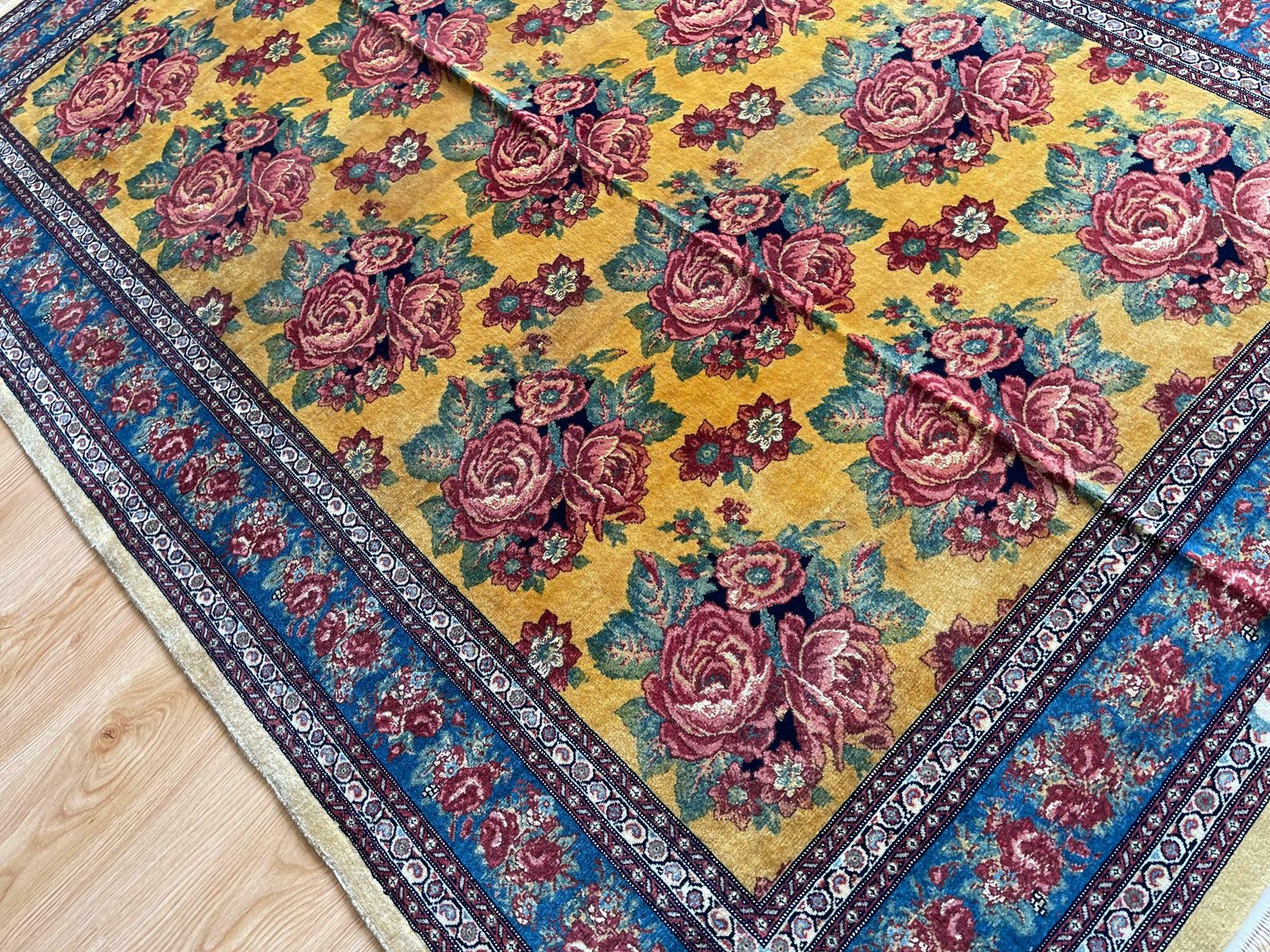 Exclusive Floral Rug, Gold Silk Handwoven Carpet, Kurdish Oriental Rug photo vintage