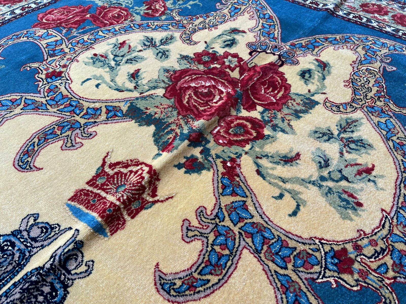 photo for sale Exclusive Floral Rug, Blue Silk Handwoven Carpet, Symbolic Kurdish Oriental Rug