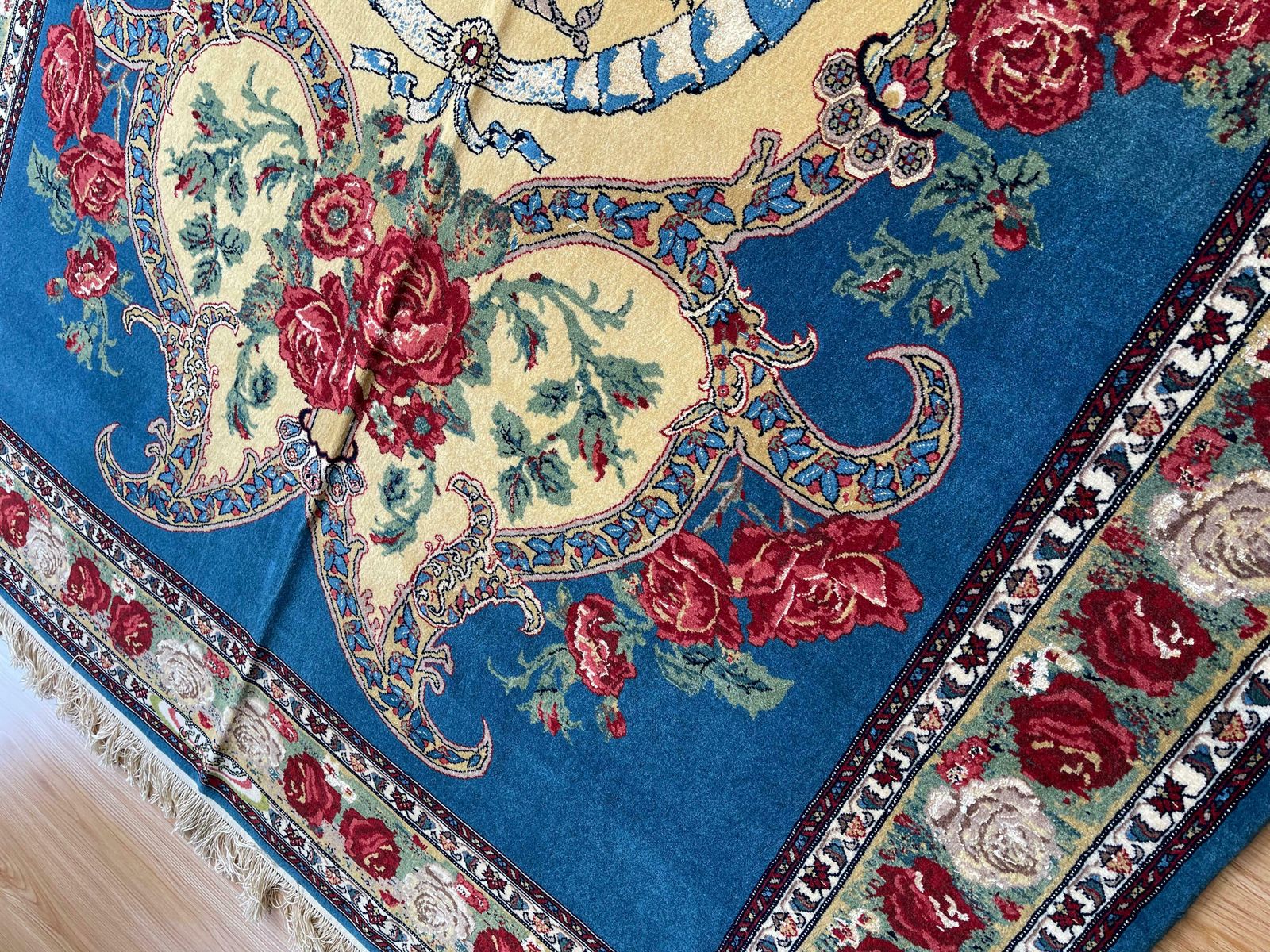 Textiles Exclusive Floral Rug, Blue Silk Handwoven Carpet, Symbolic Kurdish Oriental Rug photo