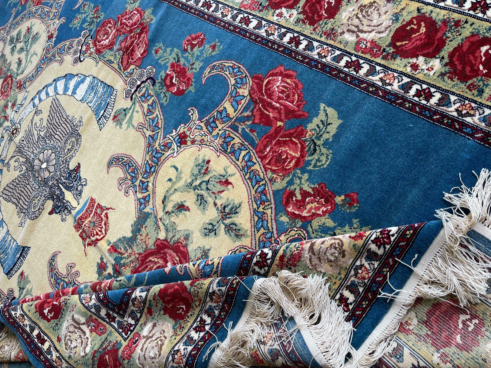 photo buy Exclusive Floral Rug, Blue Silk Handwoven Carpet, Symbolic Kurdish Oriental Rug